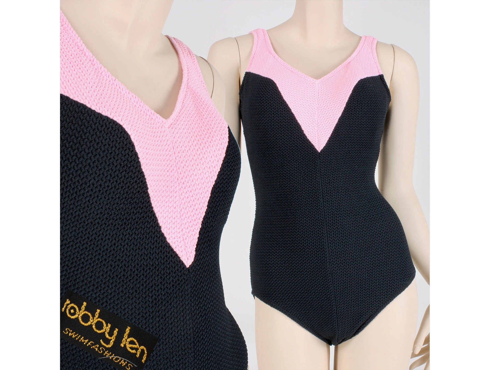 Vintage 60s/70s Pink Black Waffle One Piece Swimsuit By Robby Len
