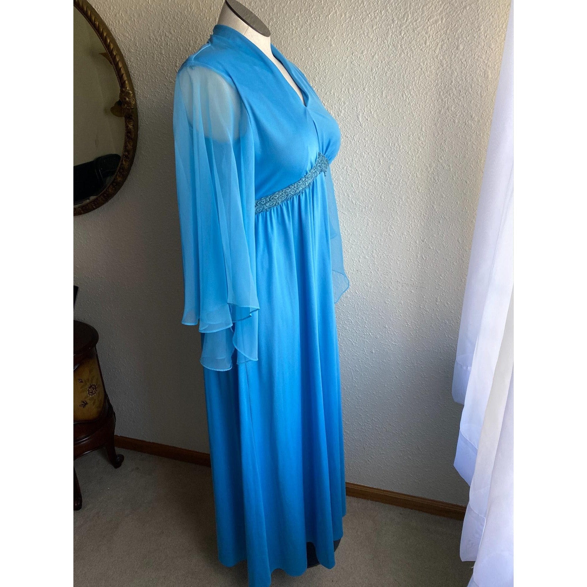 Vintage 70’s Blue Evening Gown Sheer Butterfly Sleeves Lace Trim Empire ...