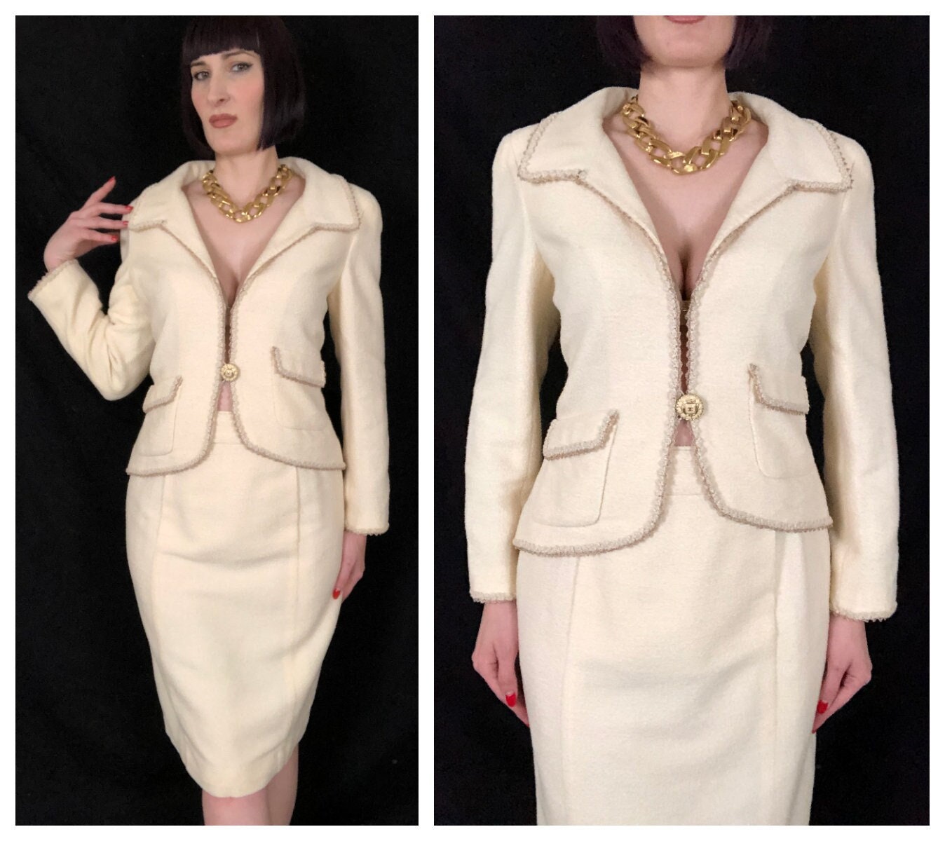 Vintage Chanel 90s 00s Ivory Wool Boucle Knit Tweed Jacket and