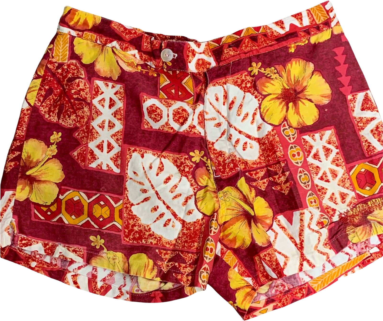 Vintage 60s Hawaiian Tiki Swim Board Shorts L Red cheapest Hibiscus Floral