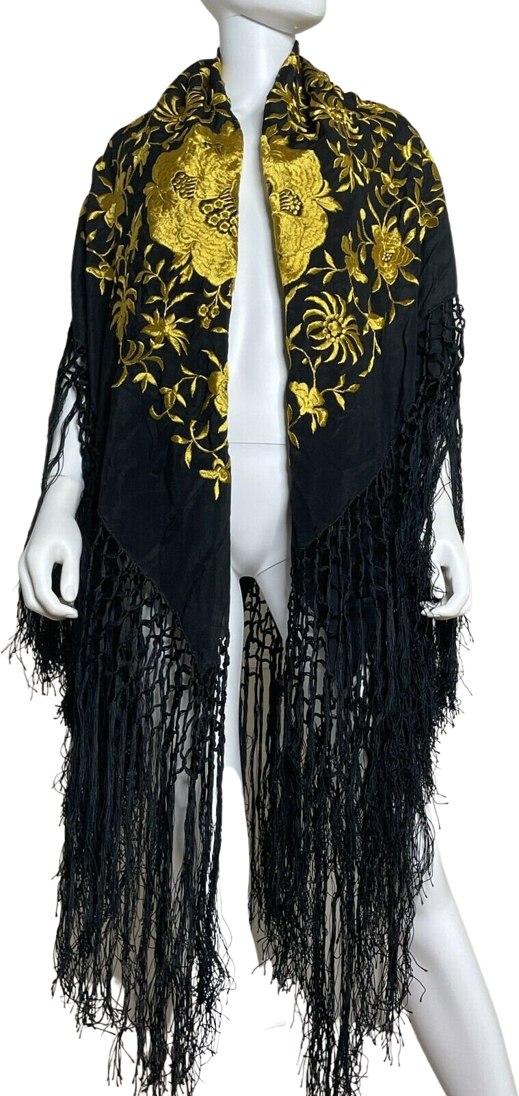 Vintage Piano Shawl Black Gold Embroidered Silk Fringe Shop THRILLING