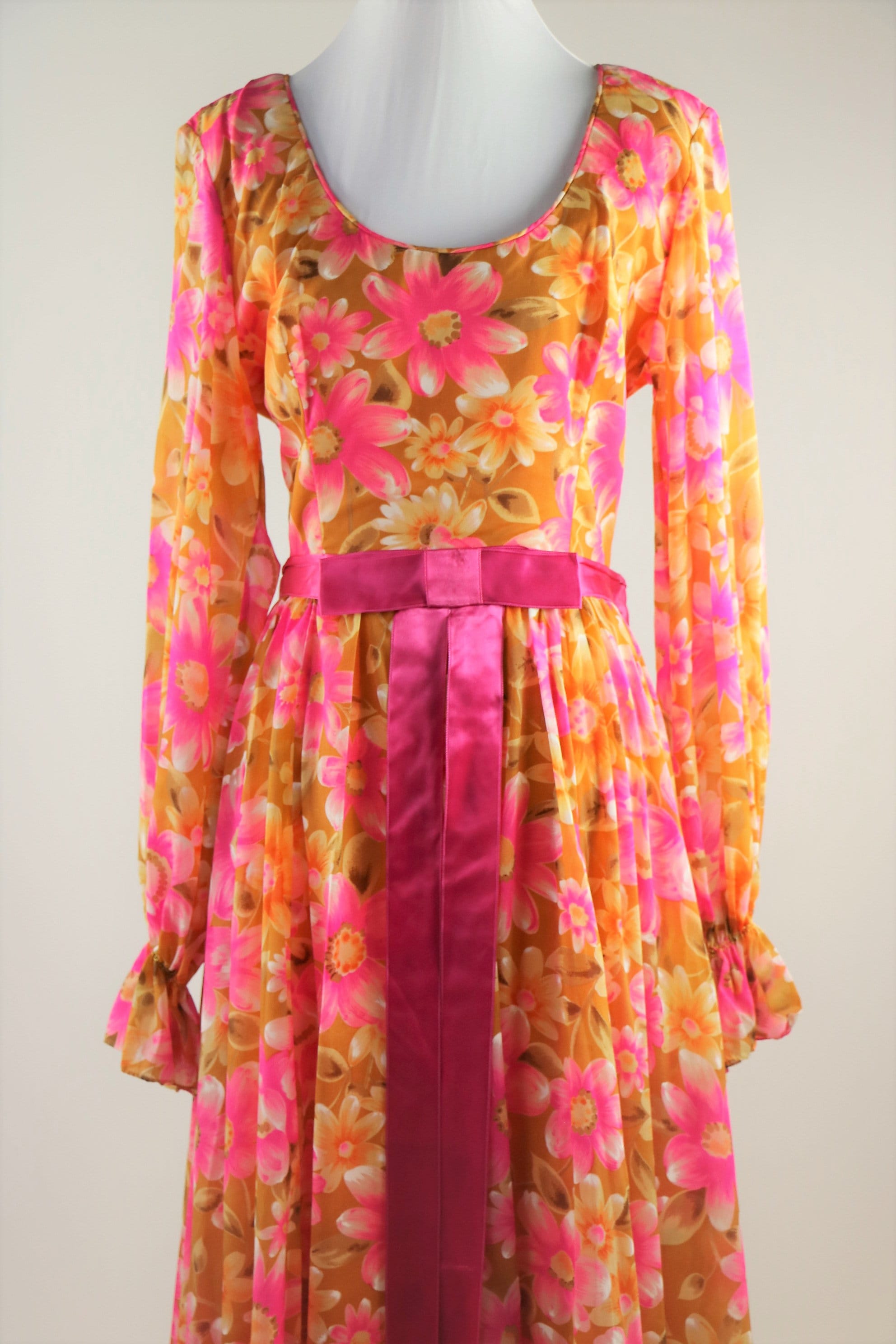 Vintage 70s Fall Butterscotch and Pink Floral Chiffon Maxi Dress | Shop ...