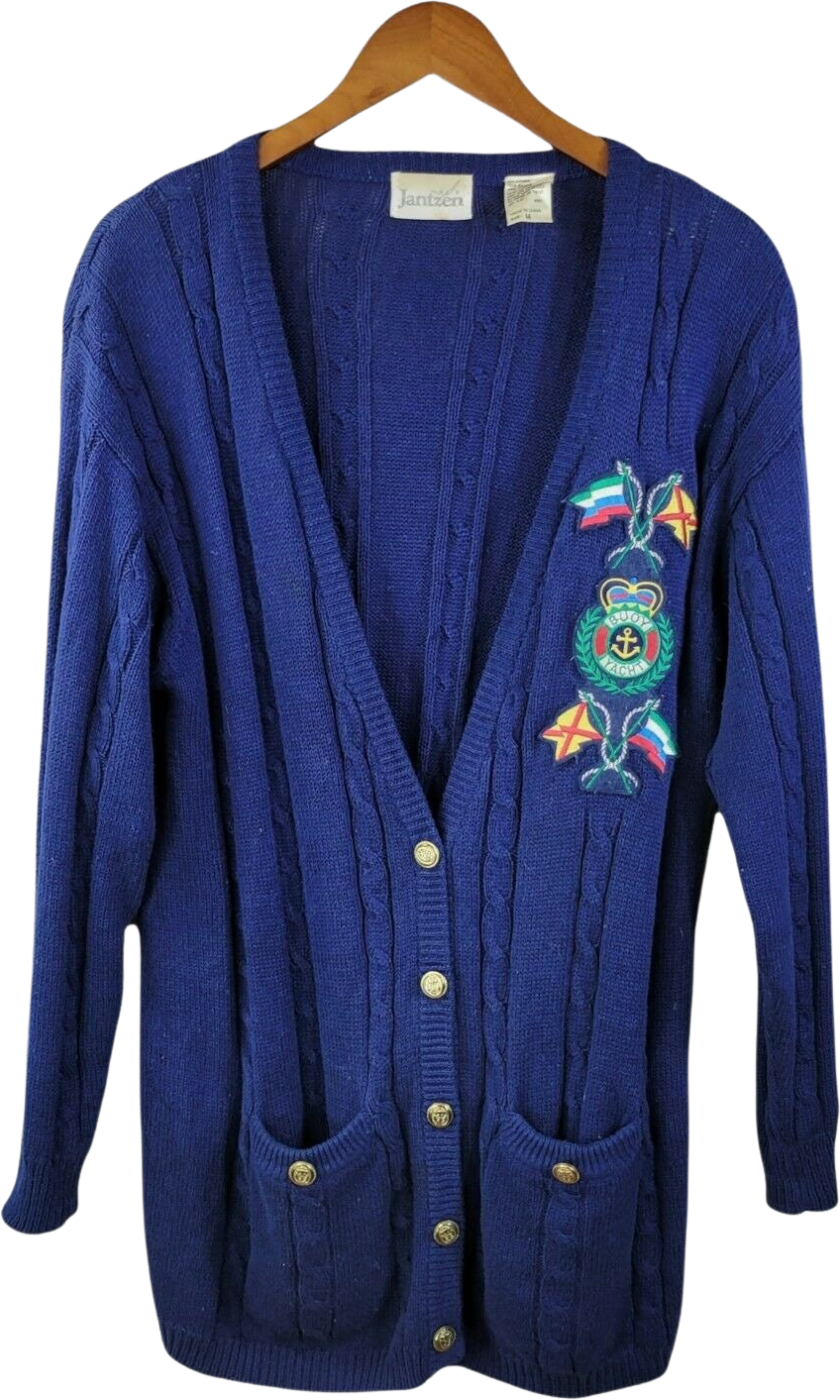 Vintage Cable Knit Nautical Flag Navy Cardigan Sweater by Jantzen