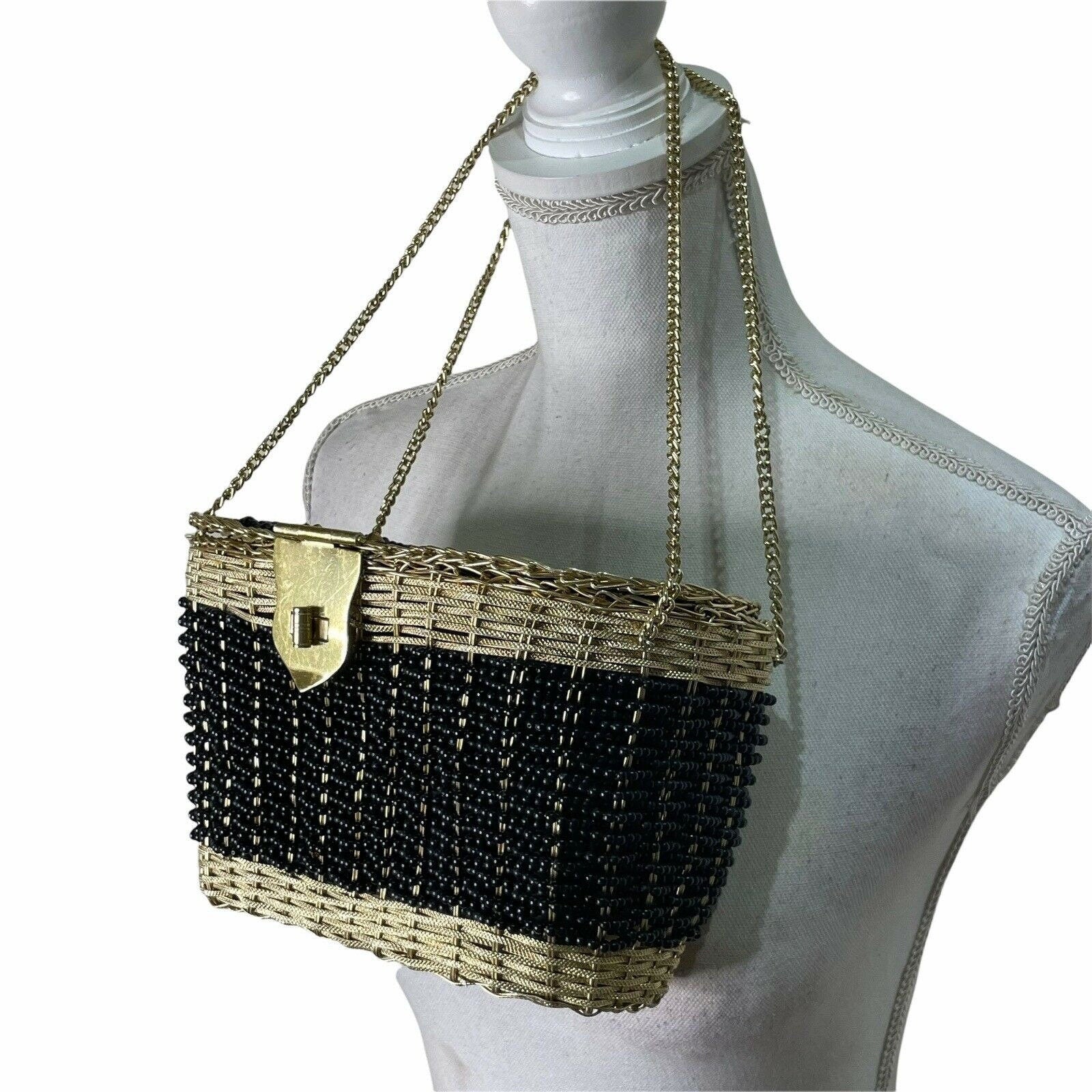 Vintage Delill by Hashimoto 50s Gold Black Woven Metal Box Purse Hand ...