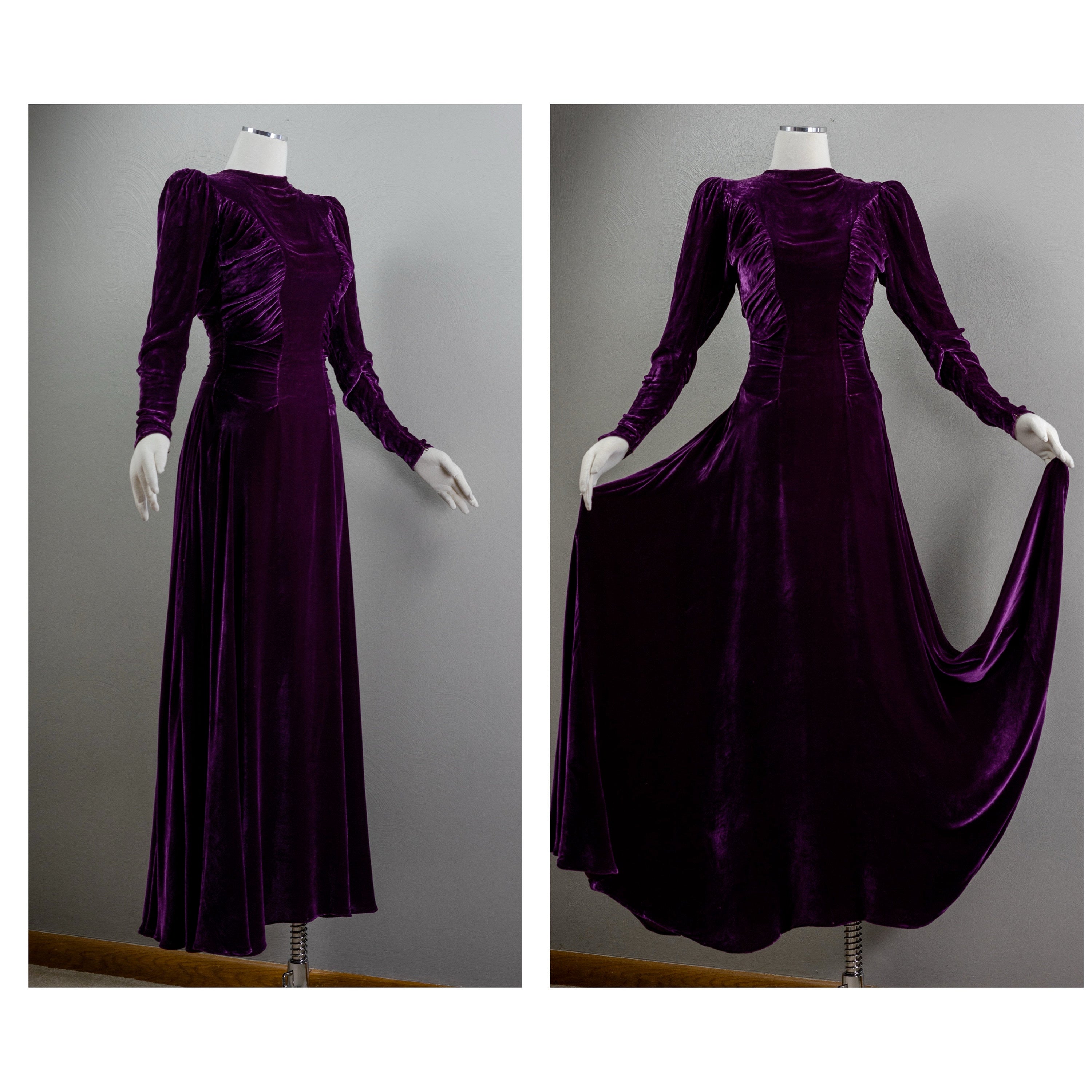 Vintage 30s 40s Purple Velvet Gown Ruched Bodice Leg of Mutton Sleeves ...