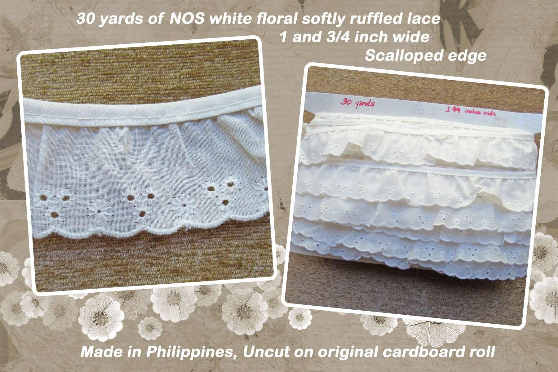 Scallop Ruffle Edge Vintage 30 Yards Nos Ruffled Lace 1 and 3/4 Inch Wide, Scalloped Edge ...