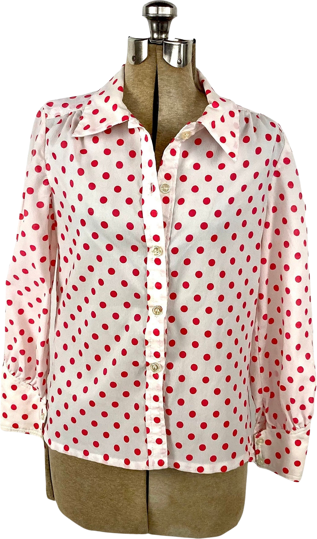 white and red polka dot blouse