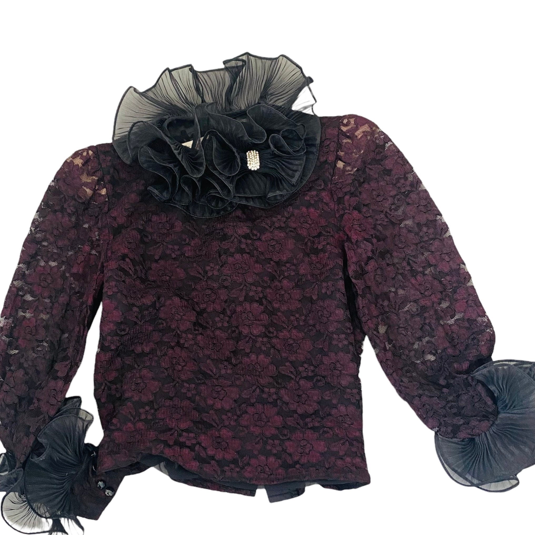 Vintage 80s Black Lace Ruffle Collar and Ruffle Wrist Blouse | Shop ...