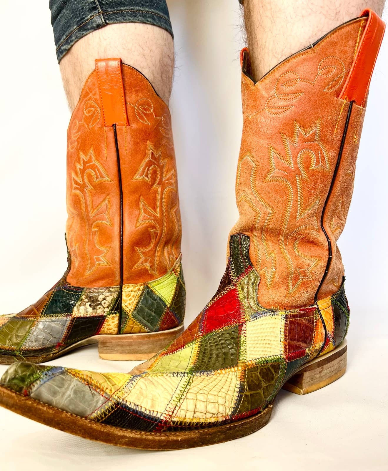 Vintage 80s Rainbow Checkered Croc Orange Leather Boots Bilbo by Bilbo ...