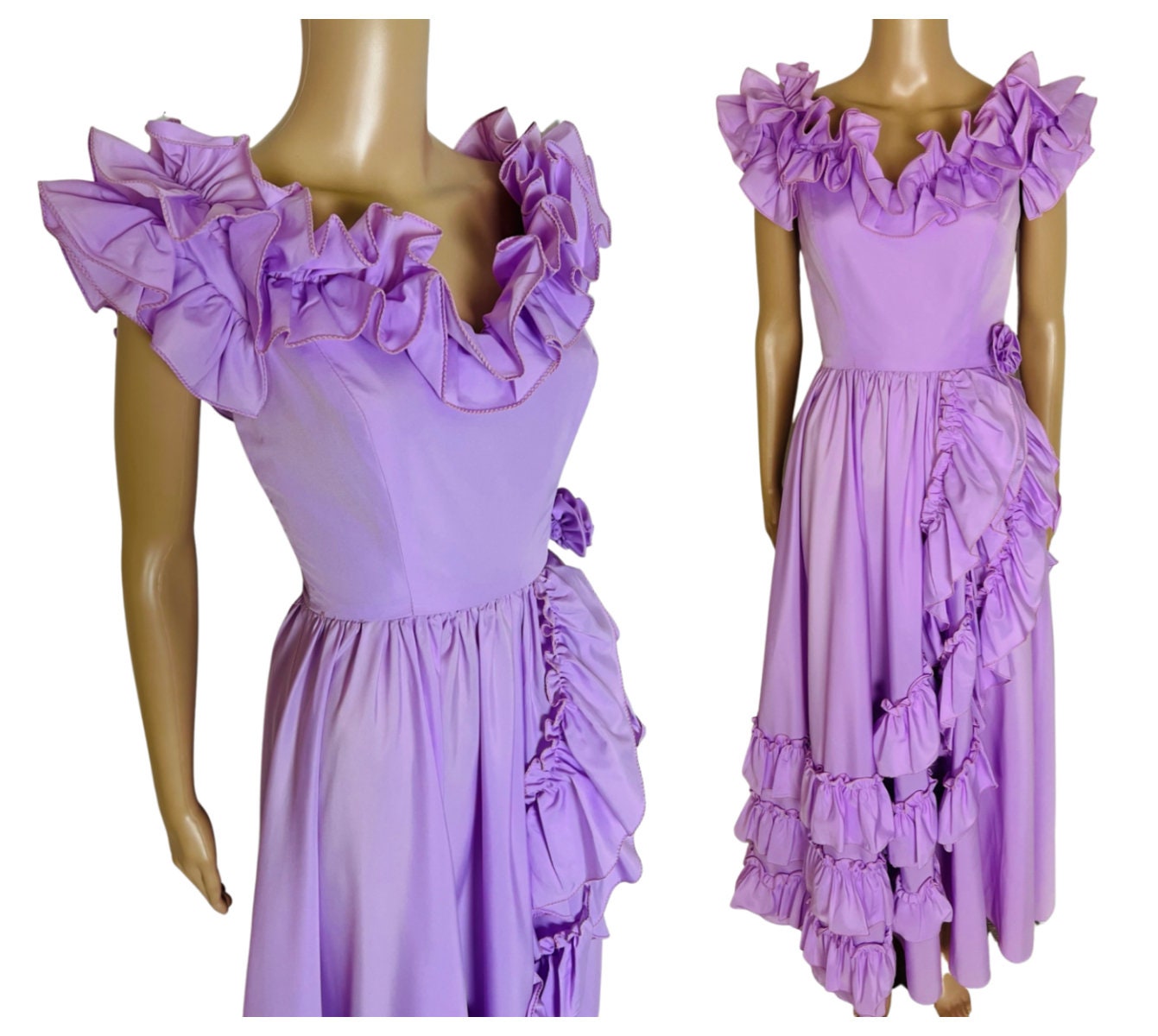Vintage 80s Lavender Taffeta Ruffled Origami Sleeve Fit and Flare Full ...