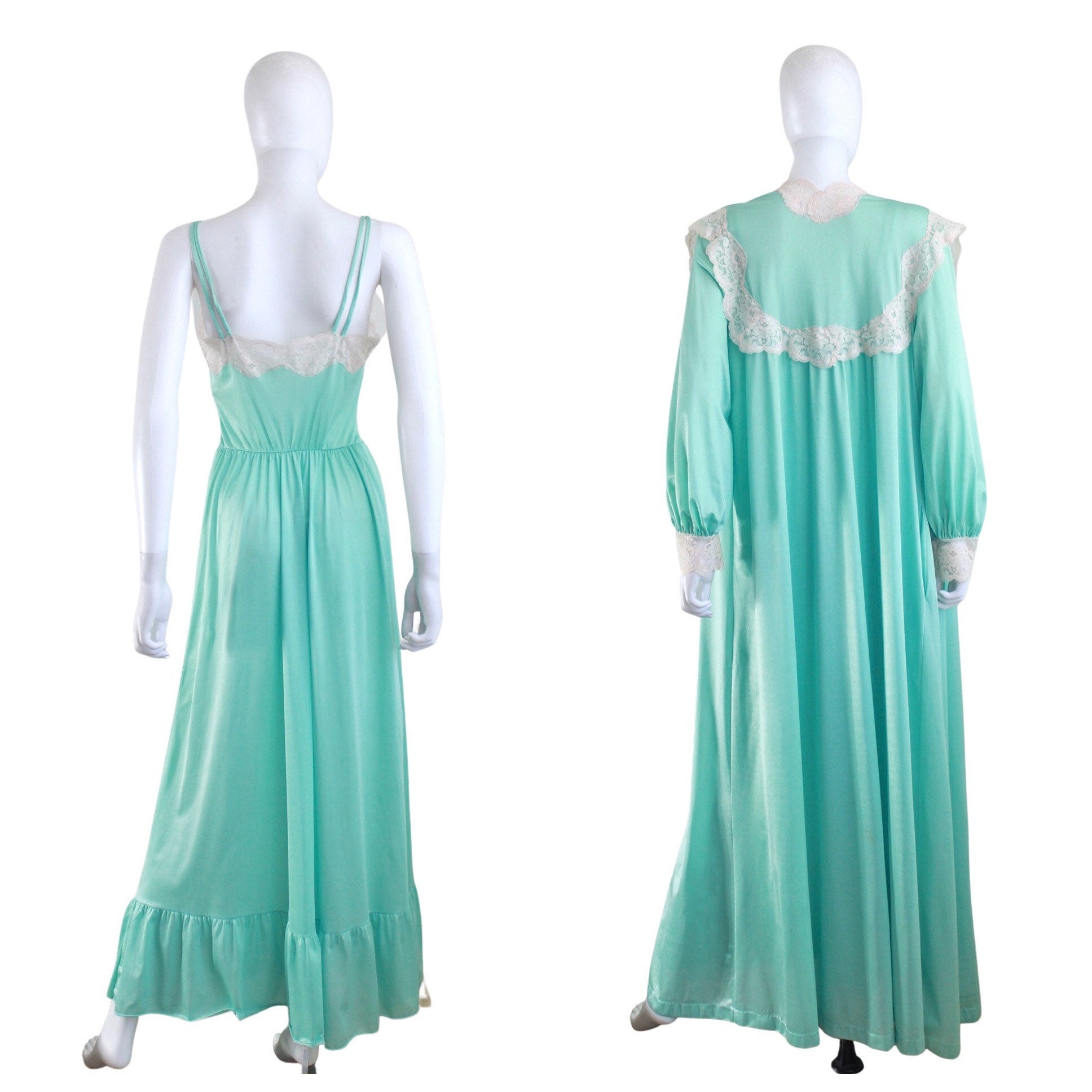Vintage 70s Mint Green Nylon and Ivory Lace Negligee and Peignoir Set ...