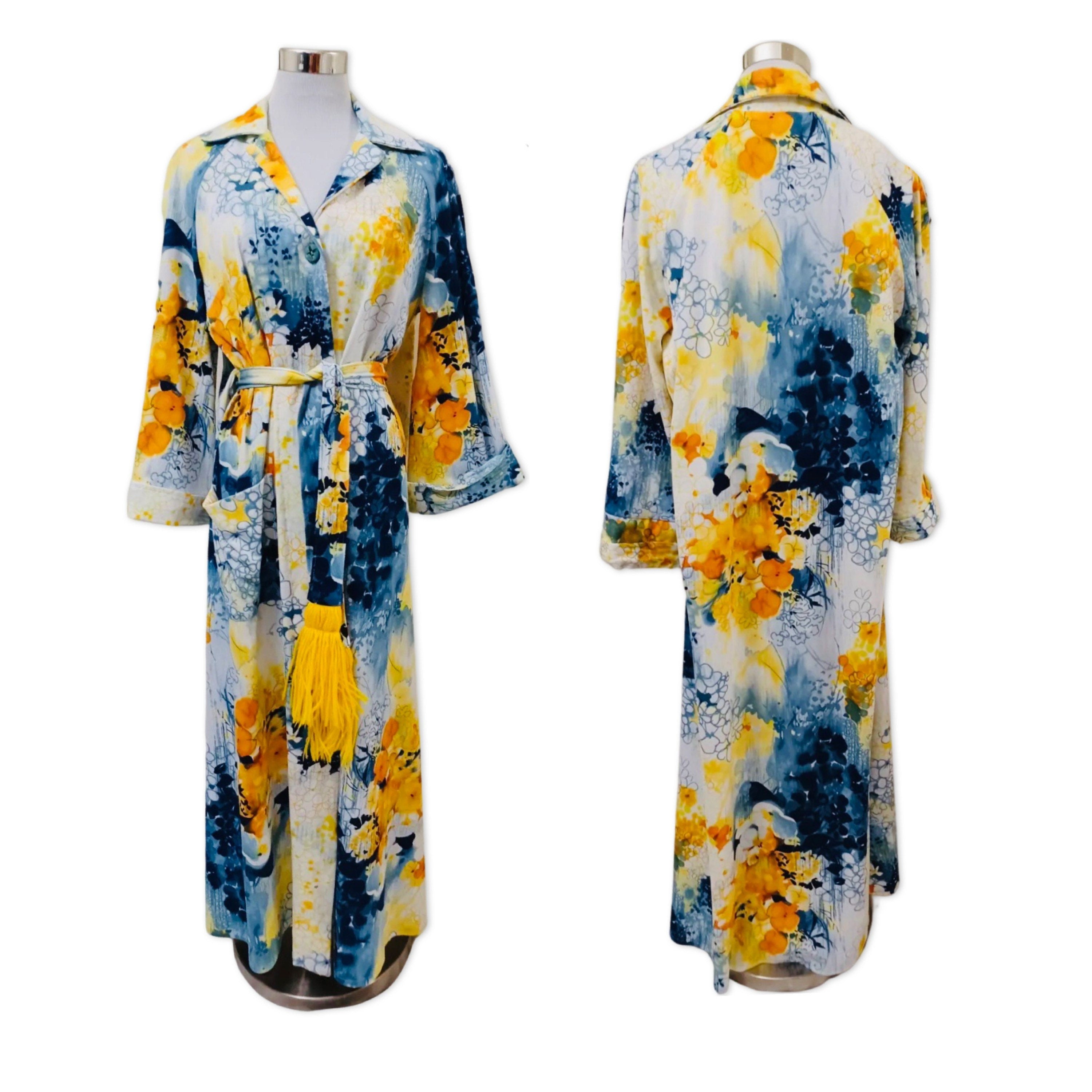 Vintage 70s Blue and Yellow Watercolor Belted Knit Robe Lounger | Shop ...