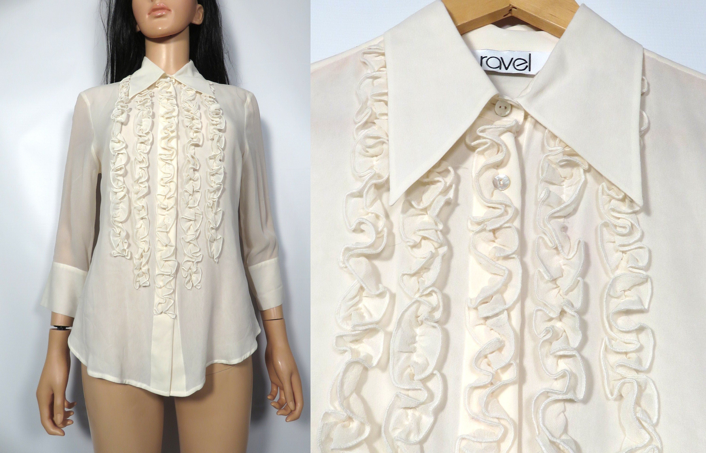 Vintage 90s Deadstock Ivory Silk Tuxedo Ruffle Sheer Blouse Size M by ...