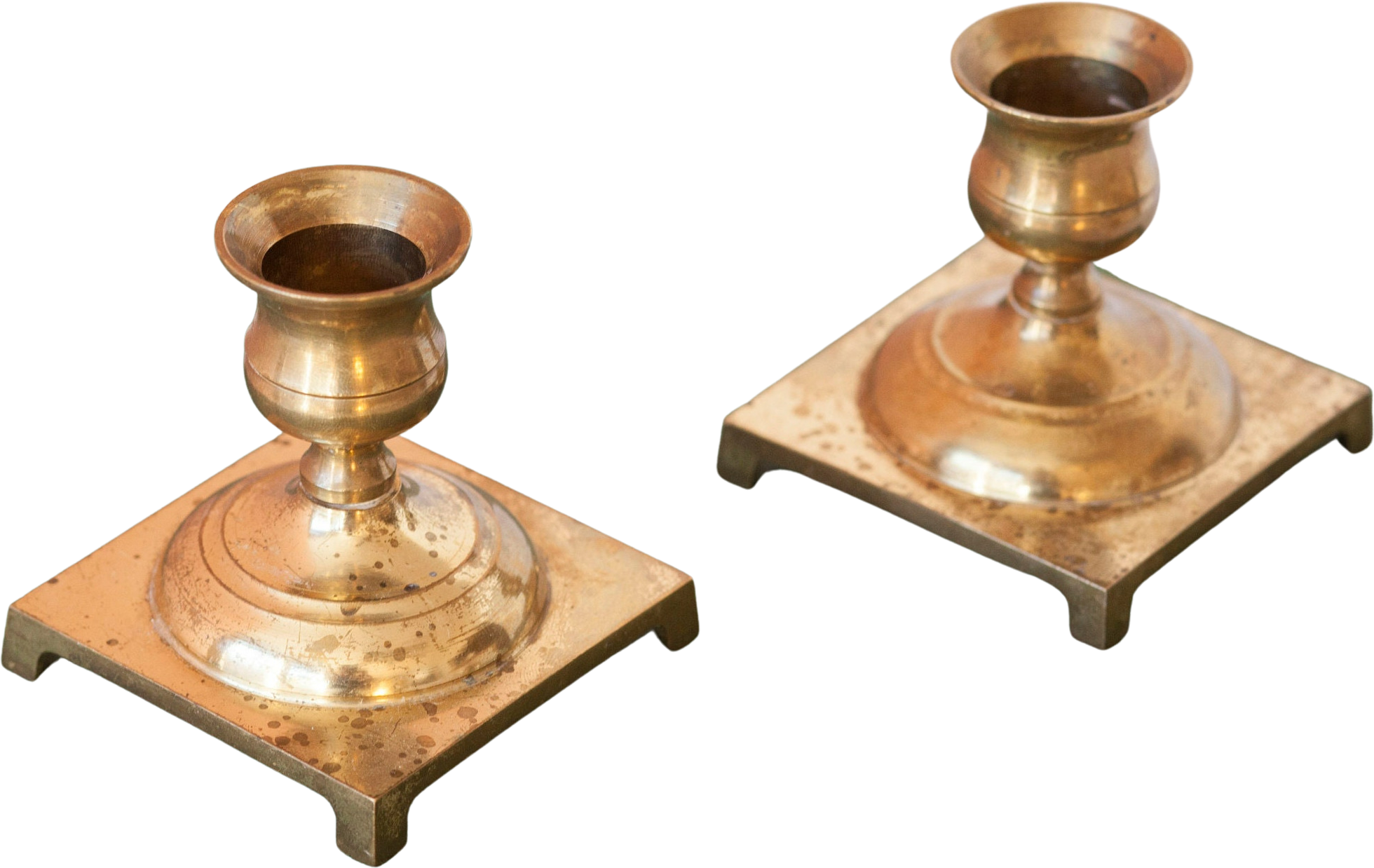 Rustic Brass with Square Base Pair of Two Petite Worn Vintage Brass .7 ...