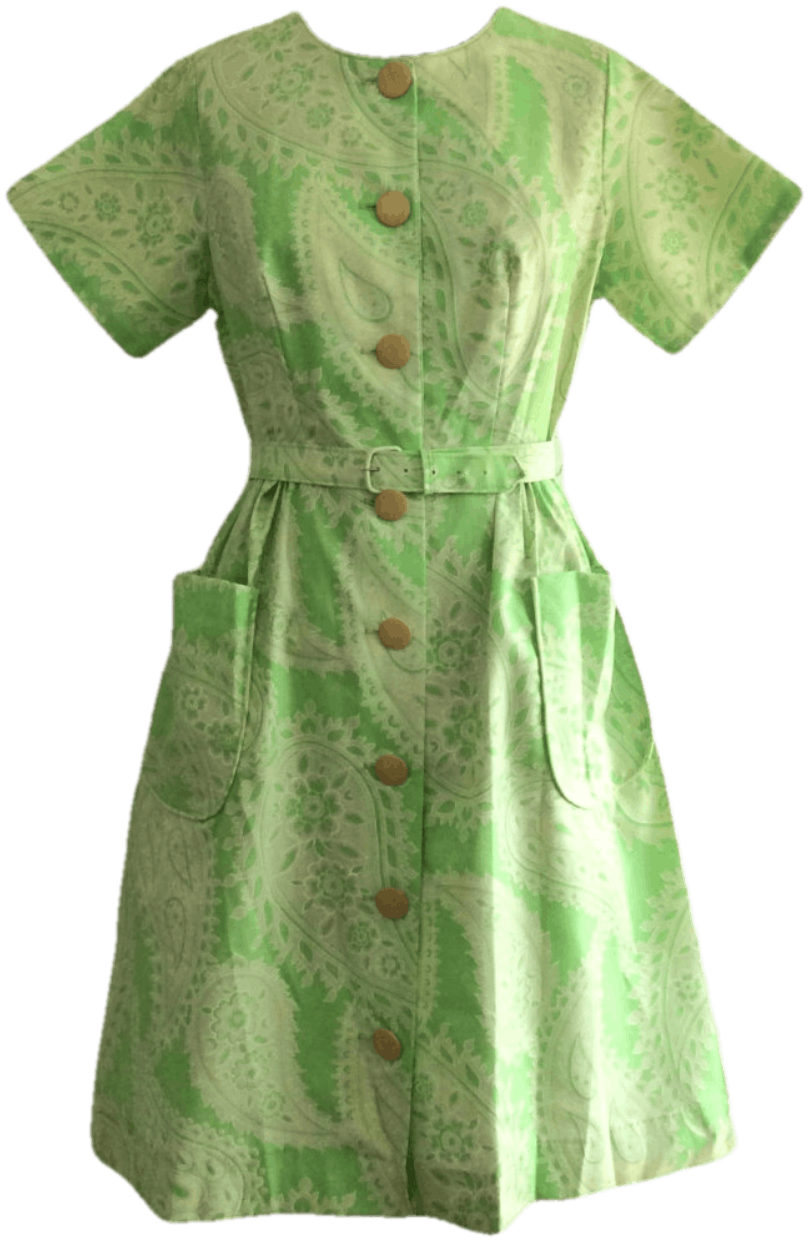 Vintage 50's/60's Green Paisley Button Up Dress with Belt by Tanbro ...