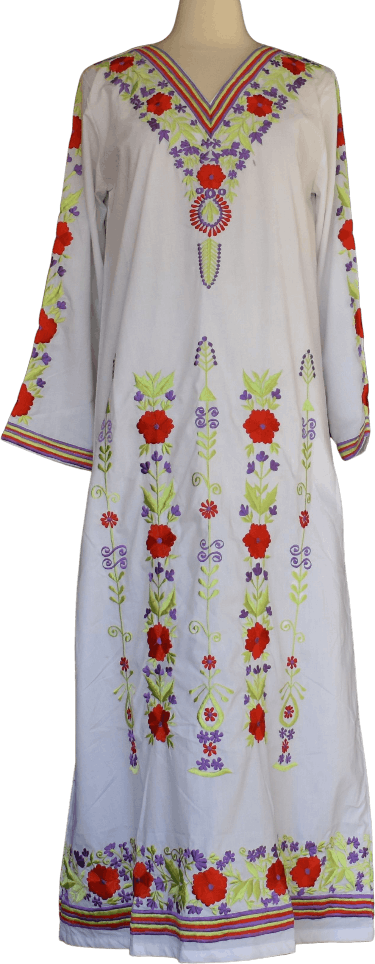 Vintage 70’s Embroidered White Cotton Kaftan Maxi Dress M L By Made In ...
