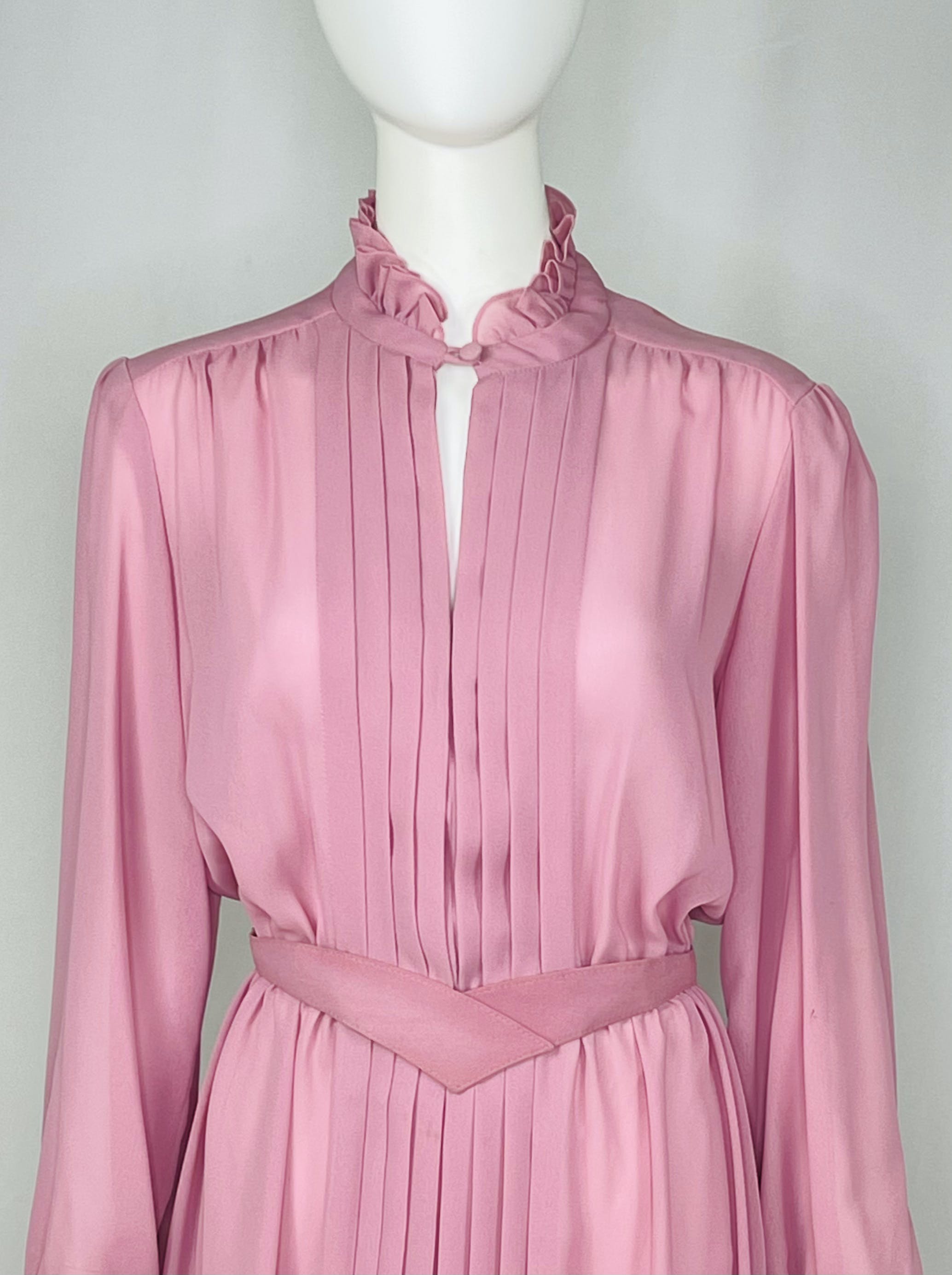 Vintage 80's Sheer Rose Pleated Gown with Ruffle Collar | Shop THRILLING