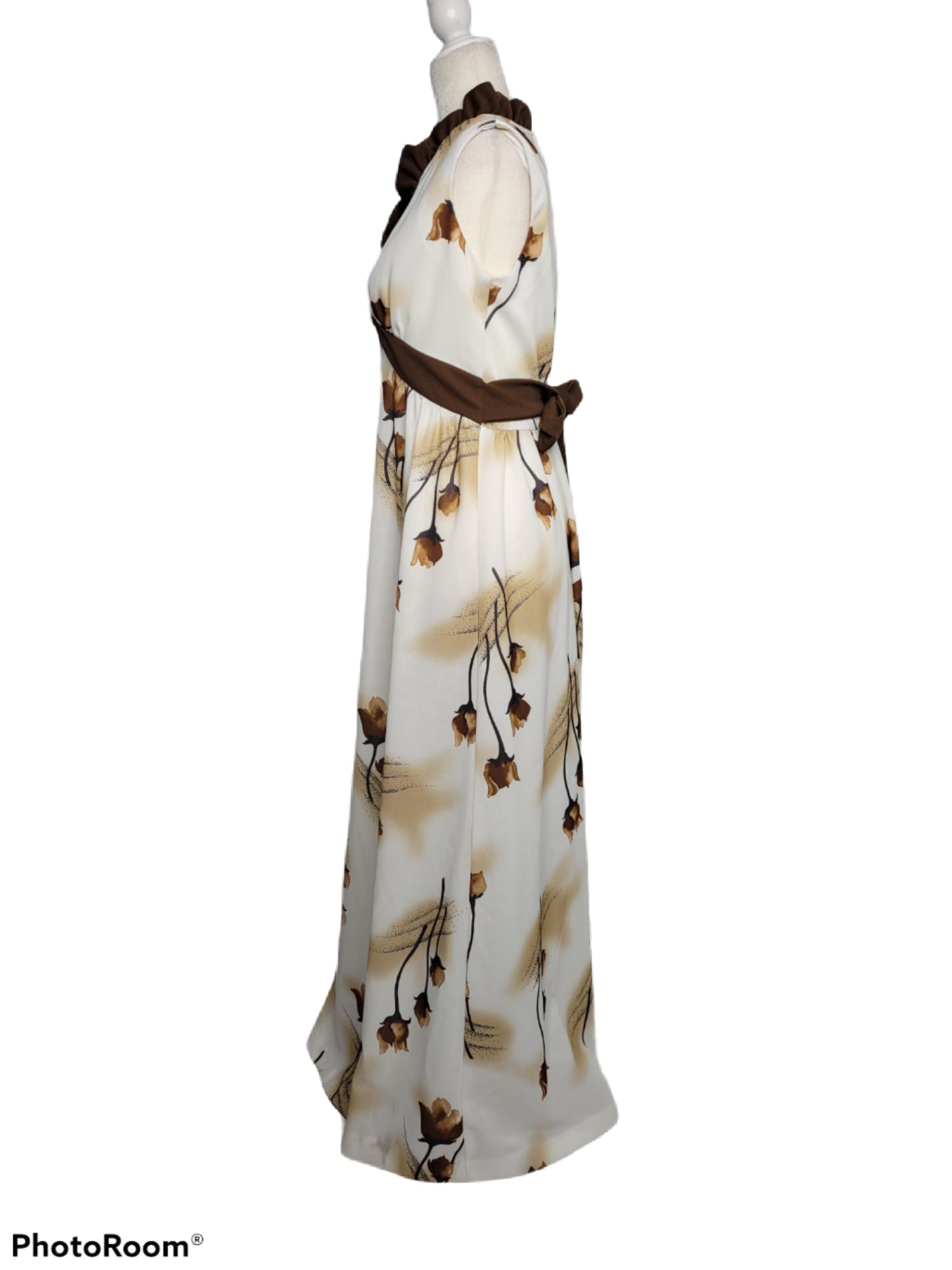 70’s White Printed Ruffled High Neck Long Sleeve Dress main image 1