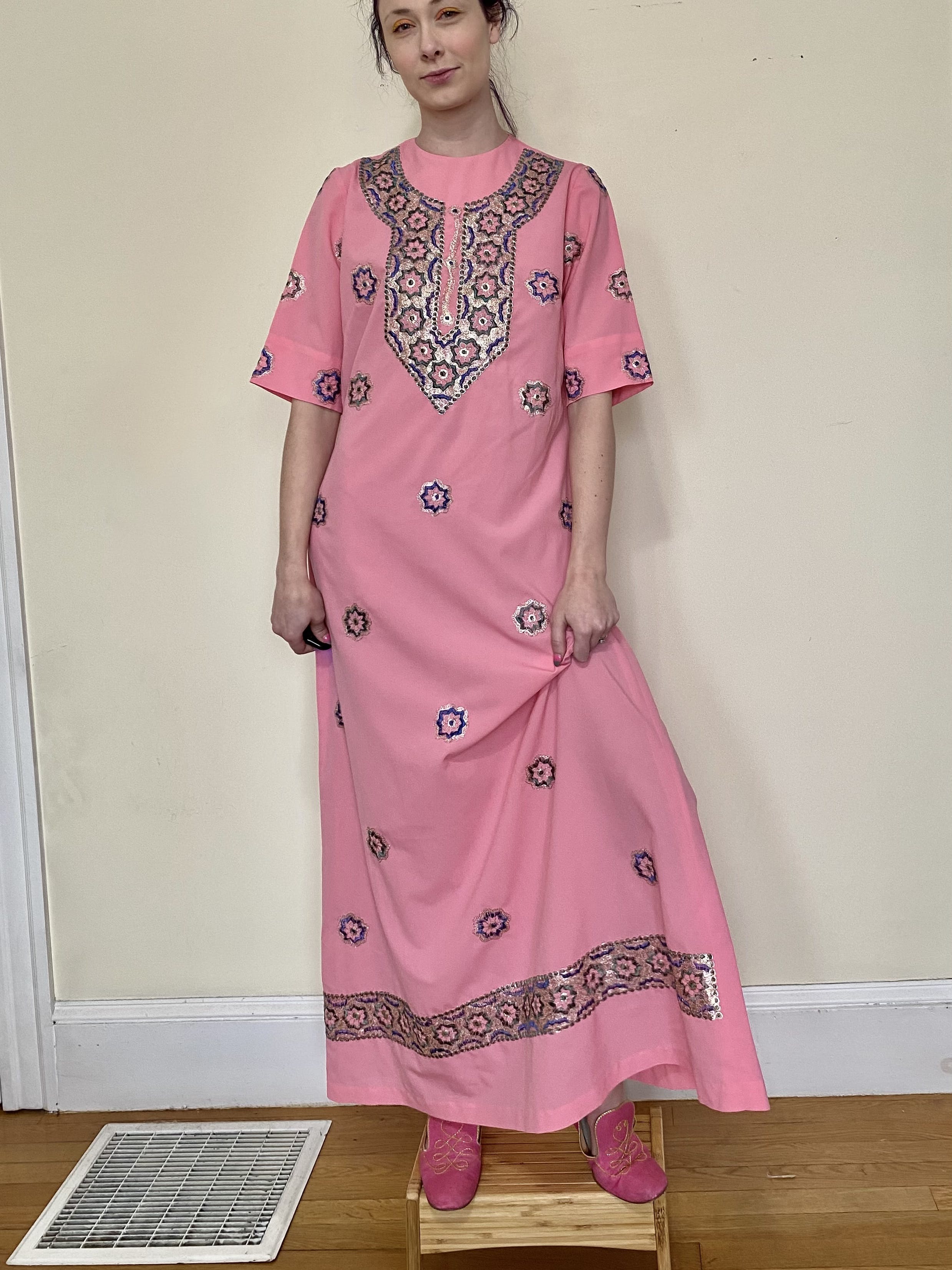 Vintage 60’s Bubblegum Pink Embroidered Indian Maxi Dress | Shop THRILLING