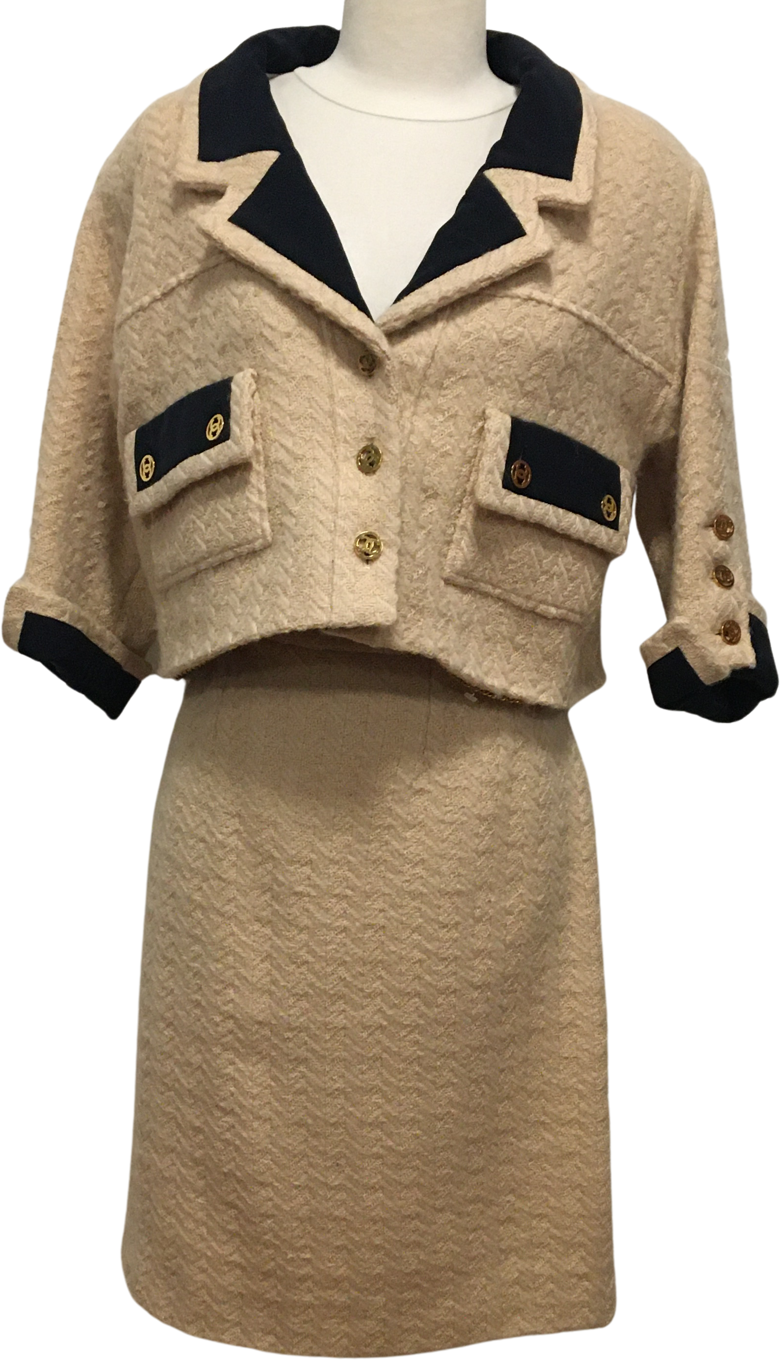 Vintage Two Piece Beige Blazer And Skirt Set By Chanel