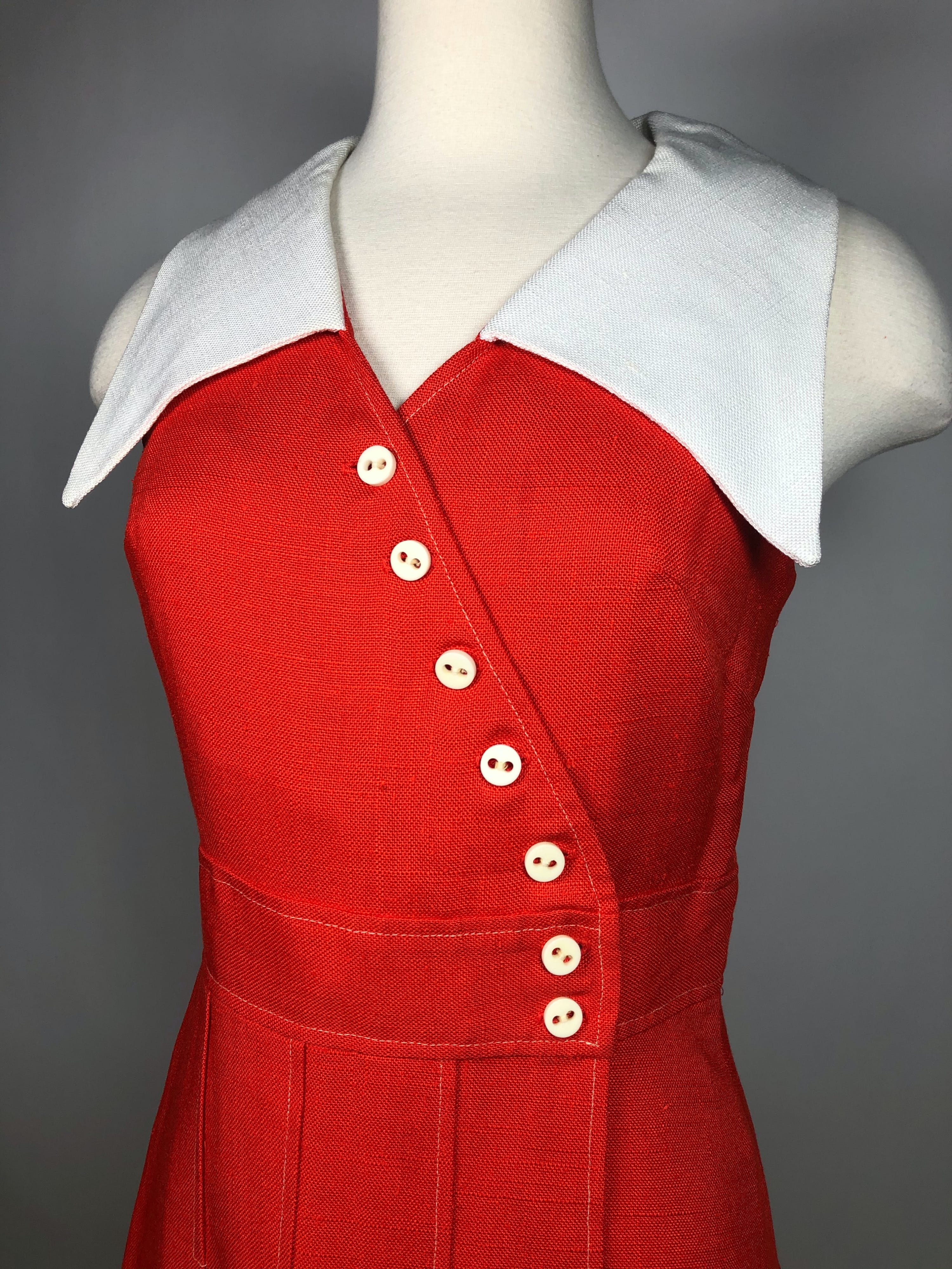 Vintage 60's/70's Red and White Linen Mod Pleated Collared Dress by The ...