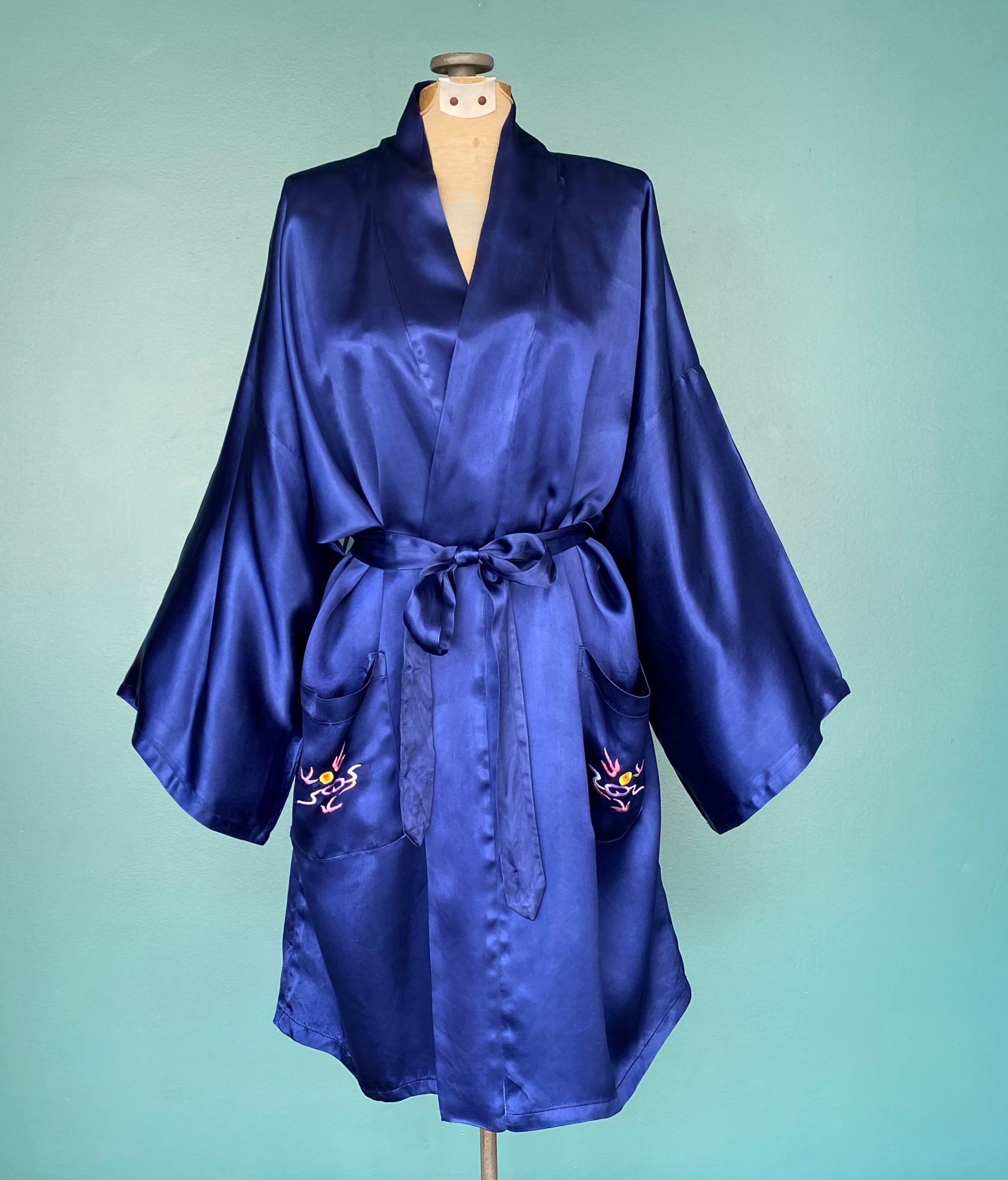 Vintage 80s Satin Embroidered Kimono Dragon Short Robe By Lyre Bird ...