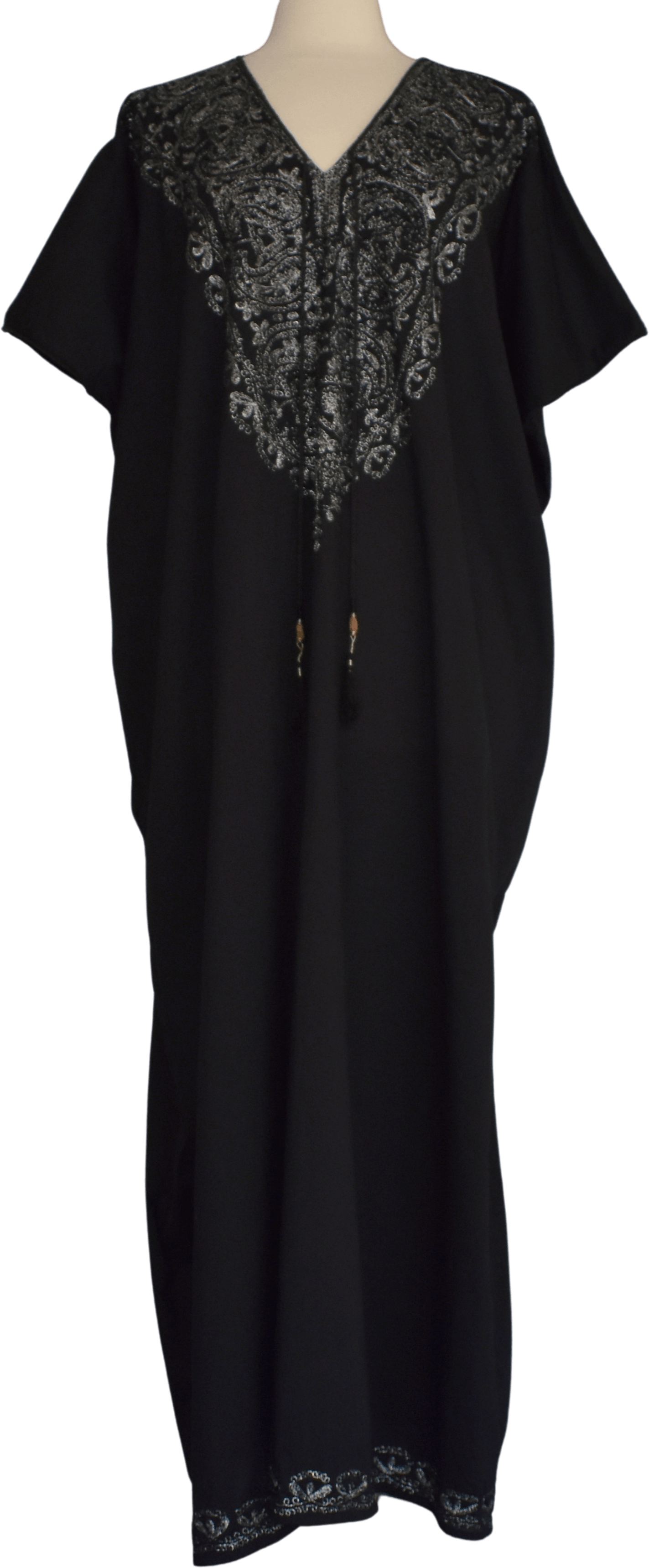 Vintage 90's Black Cotton Kaftan Maxi Dress Embellished with Metallic