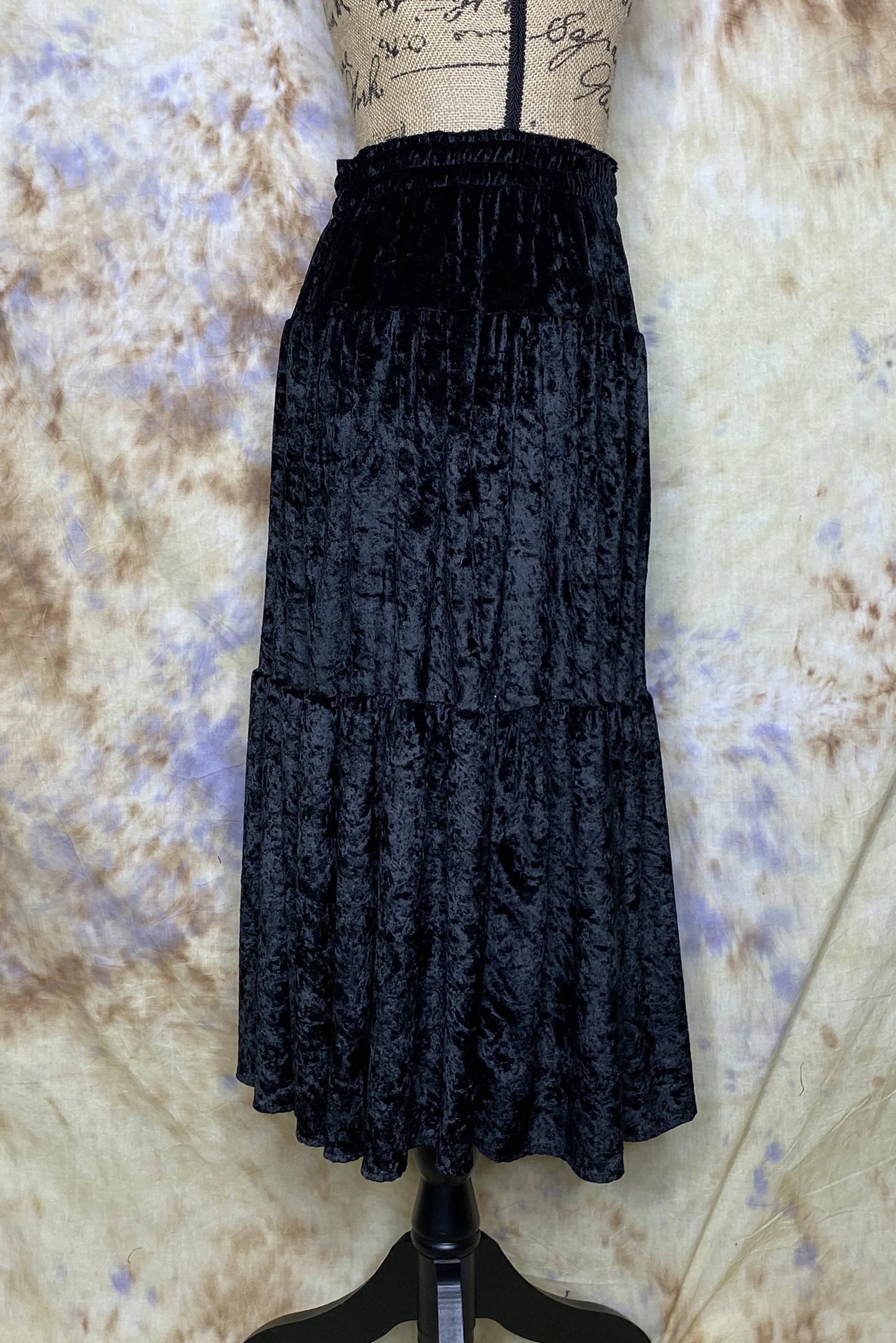 Vintage 80's Three Tier Black Crushed Velvet Midi Skirt | Shop THRILLING