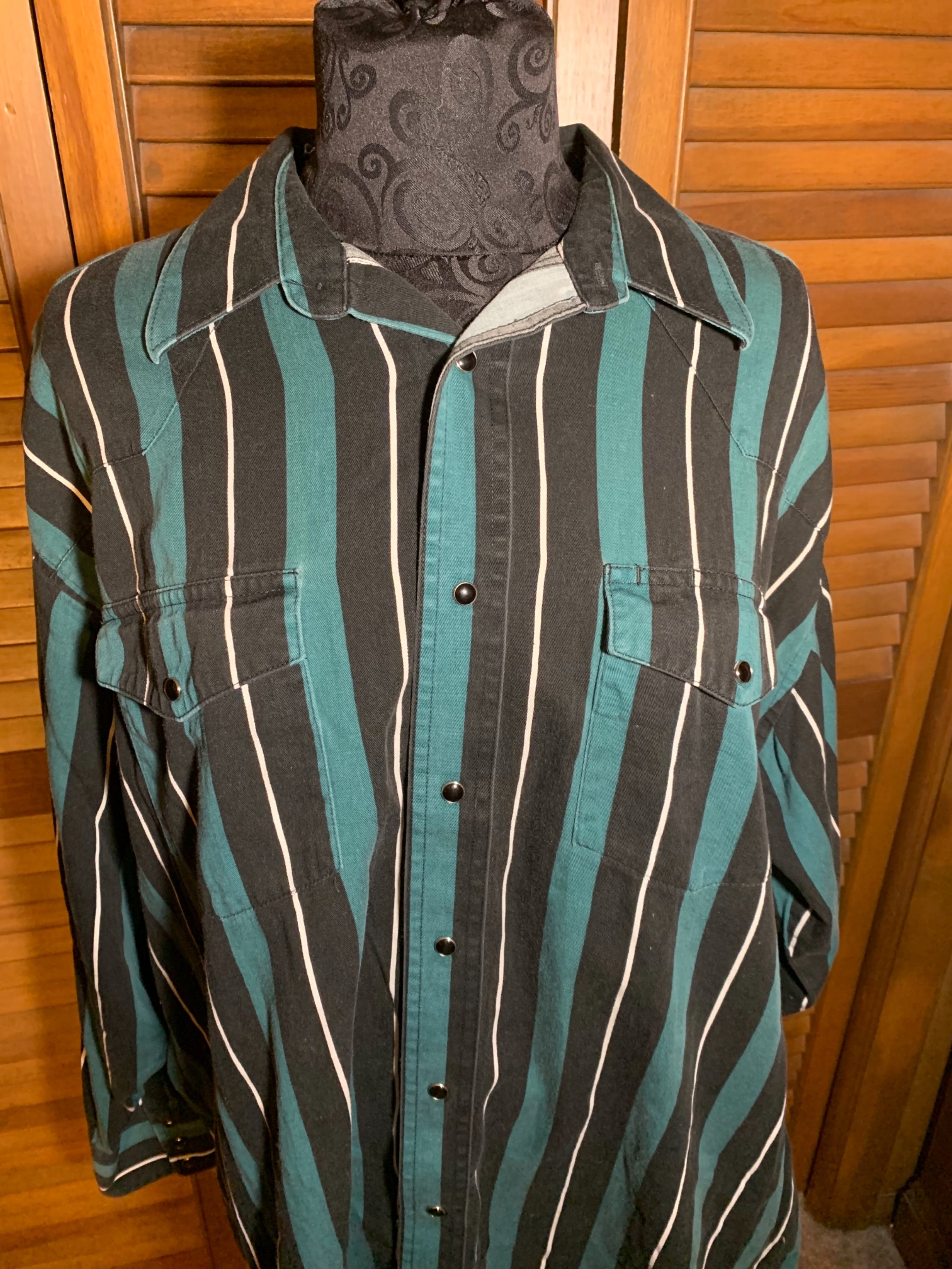 Vintage Green Black and White Striped Snap Button Up Western Shirt by ...
