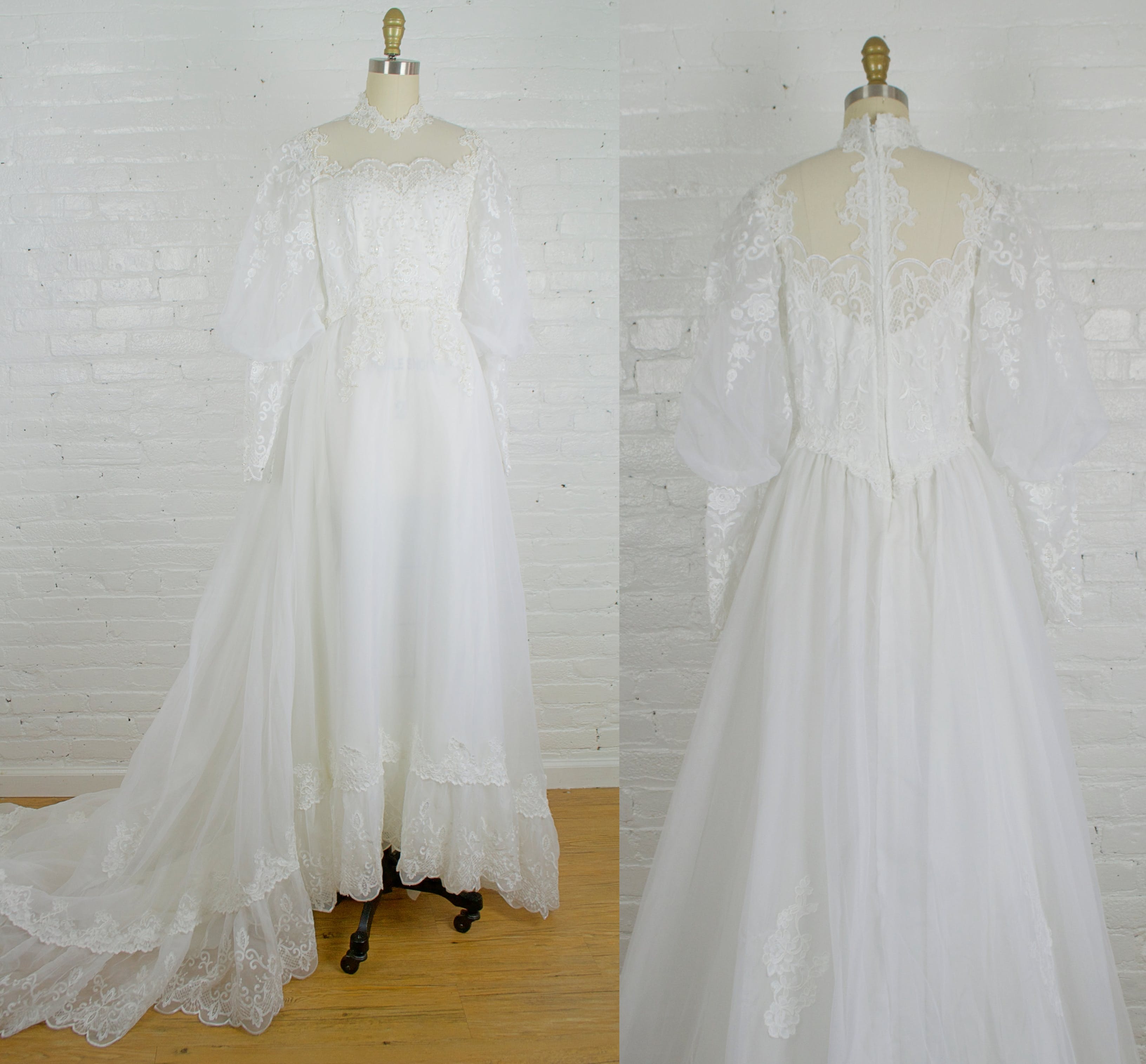 Vintage 80's Embroidered Lace Ball Gown Bishop Sleeve Wedding Dress ...