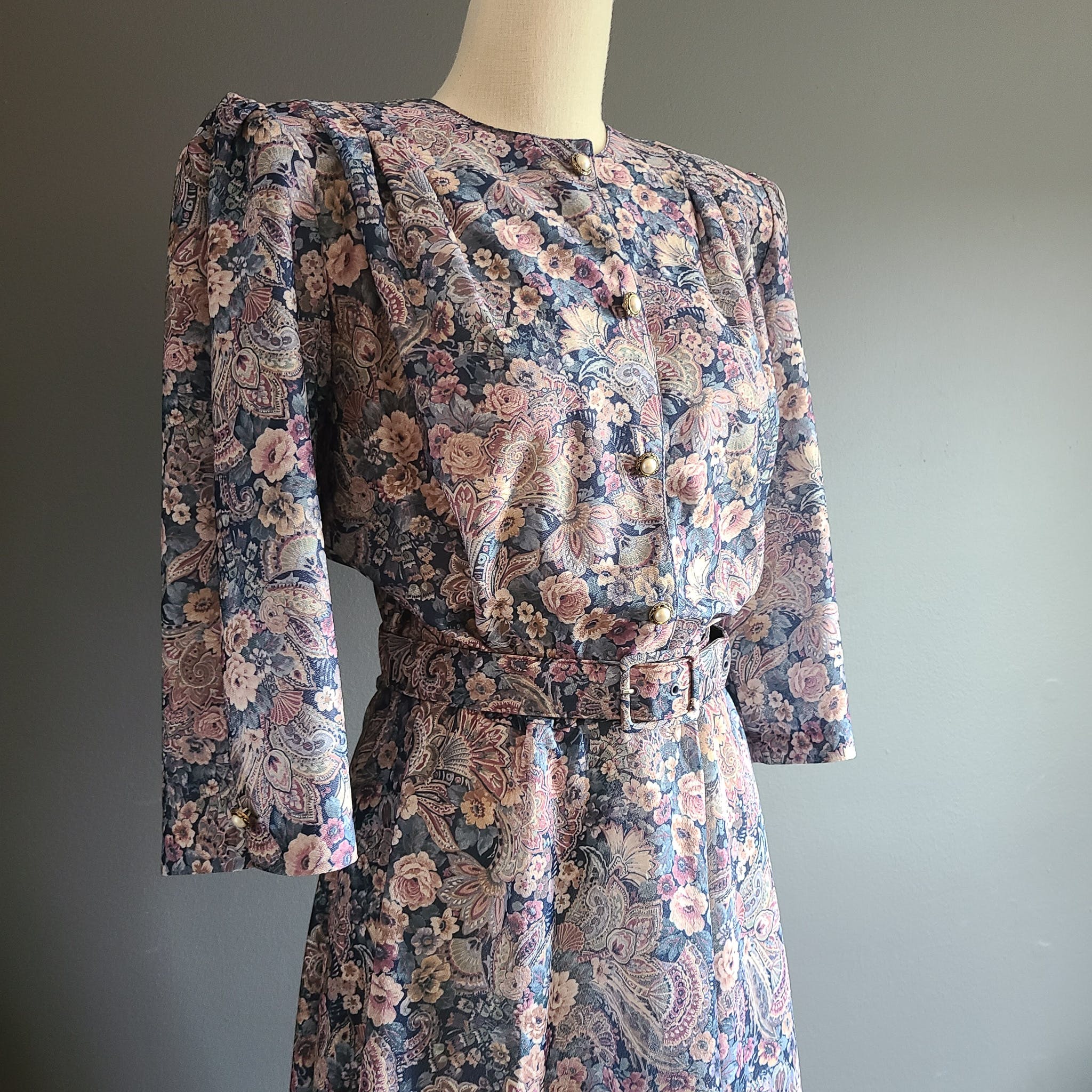 Vintage 80's Floral Paisley Polyester Midi Dress by California Looks ...