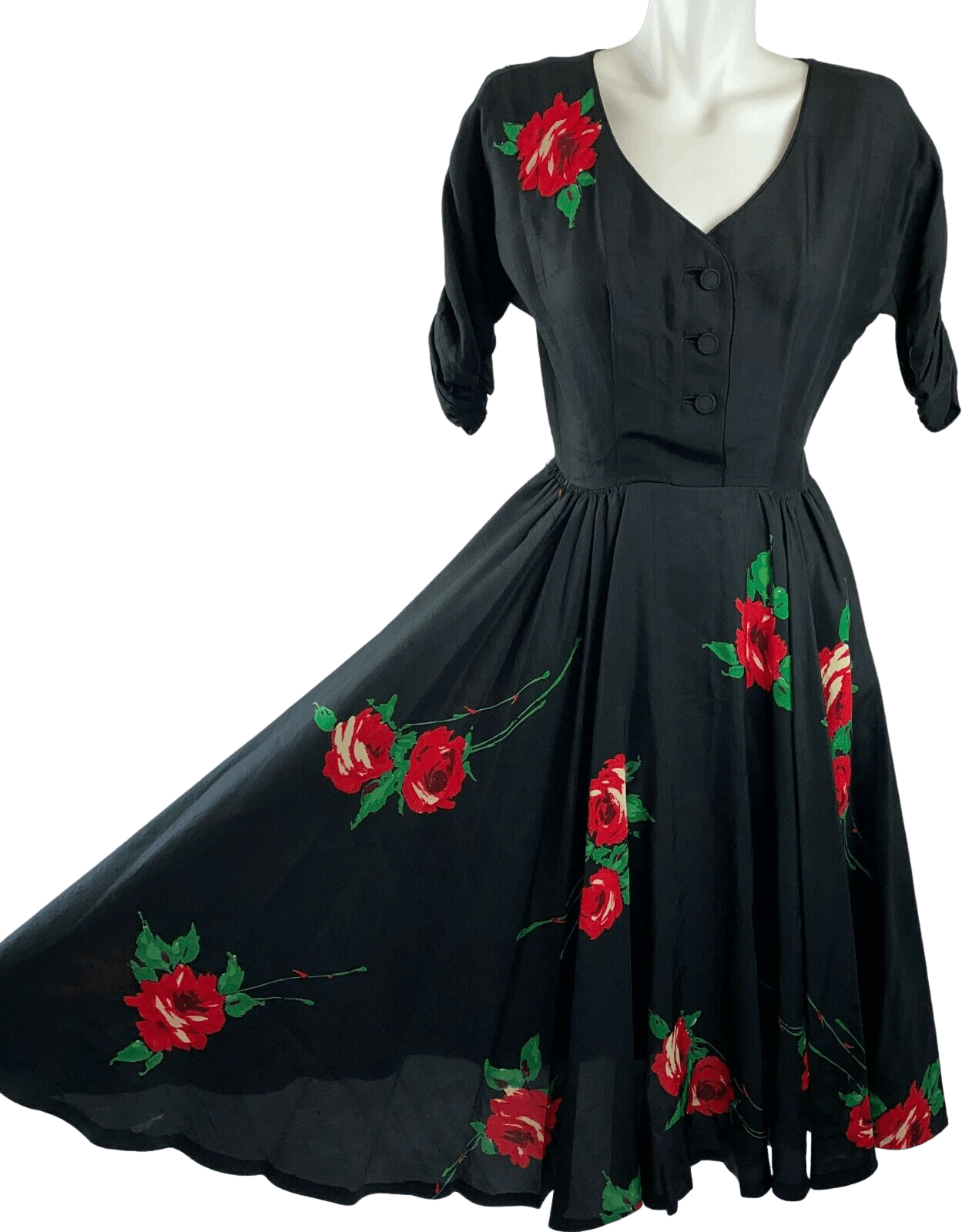 Vintage 40's Black Rose Printed Silk Dress Applique Floral Detail Side