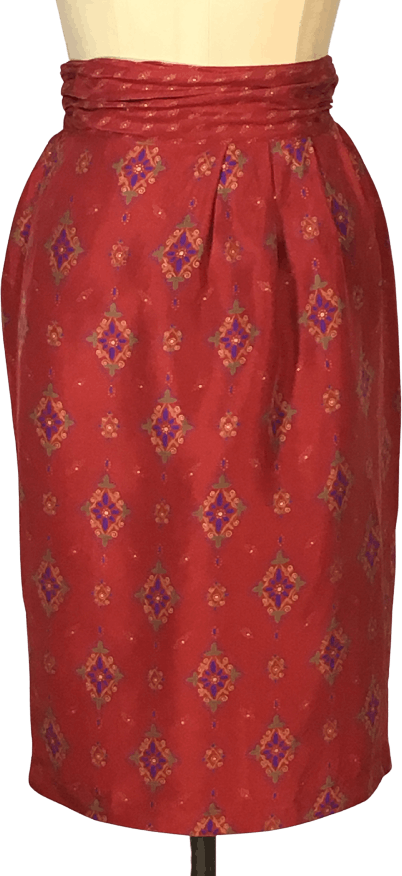Vintage 90's Dark Red Printed Silk Ruche Waist Skirt by Diane Gilman ...