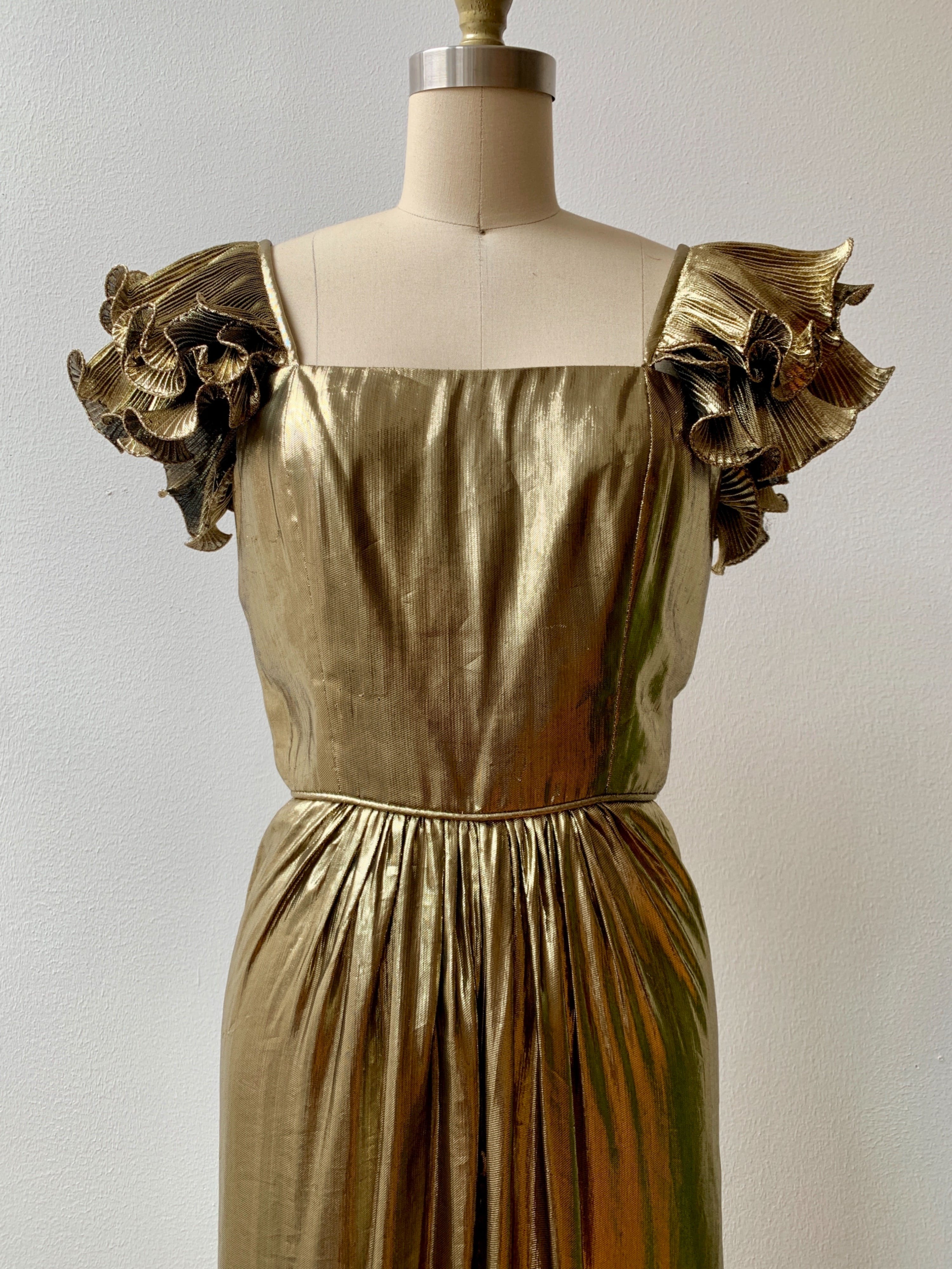 Vintage 80's Gold Lame Ruffle Sleeve Gown | Shop THRILLING