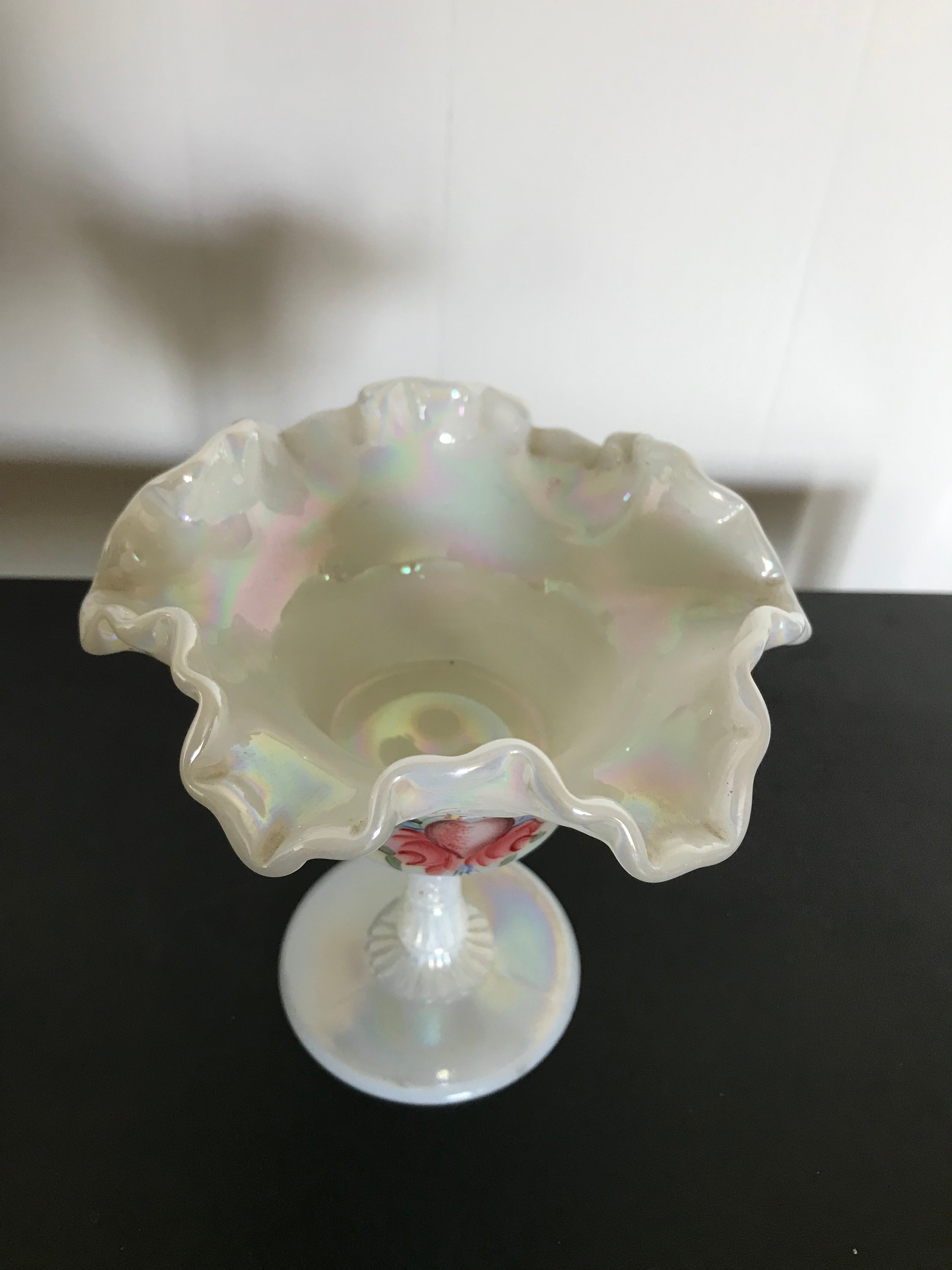 Vintage Fenton Label Ruffled White Iridescent Compote By Fenton | Shop ...