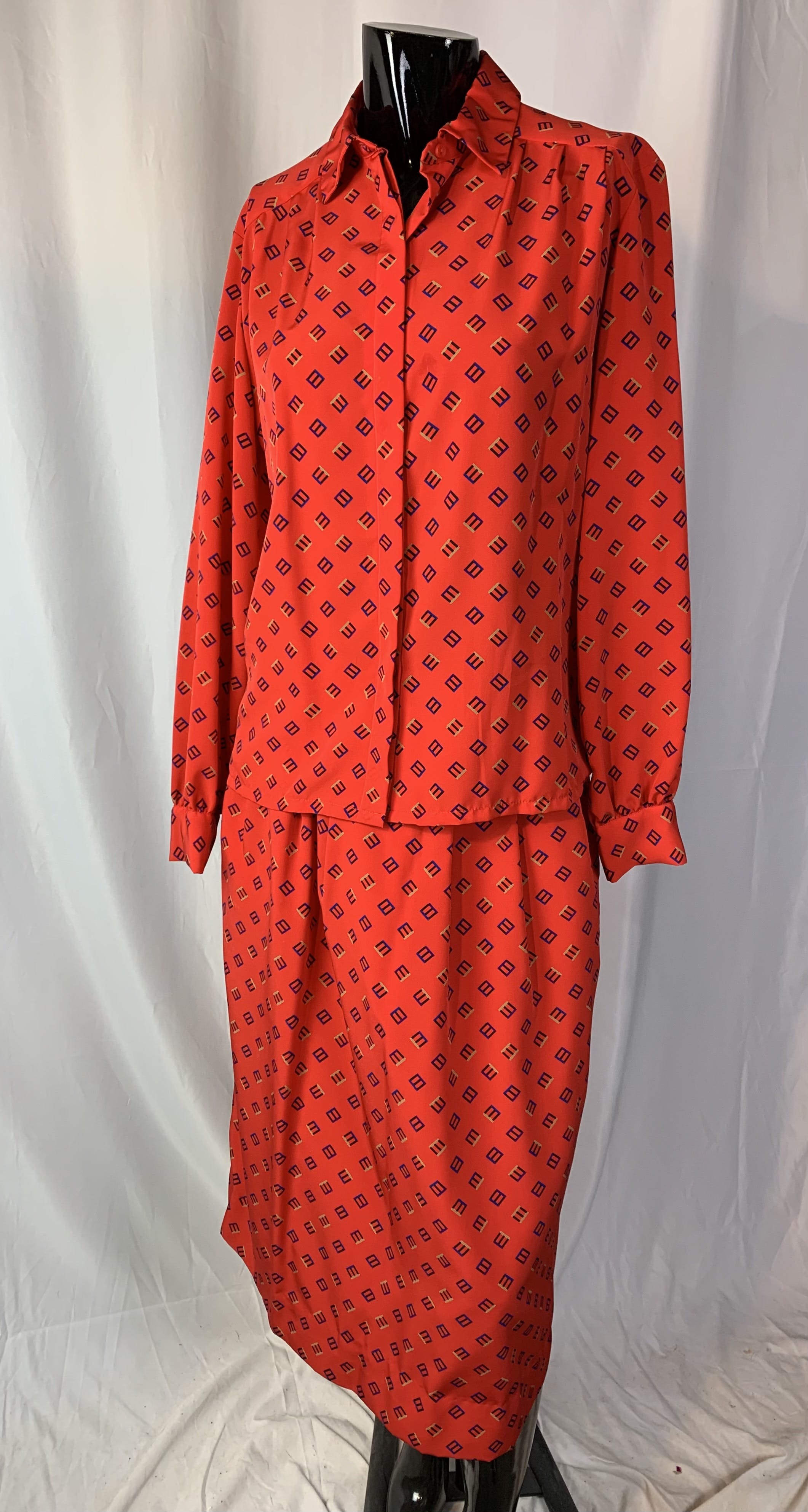 Vintage 80's Red Geometric Print Matching Blouse and Skirt Set by ...