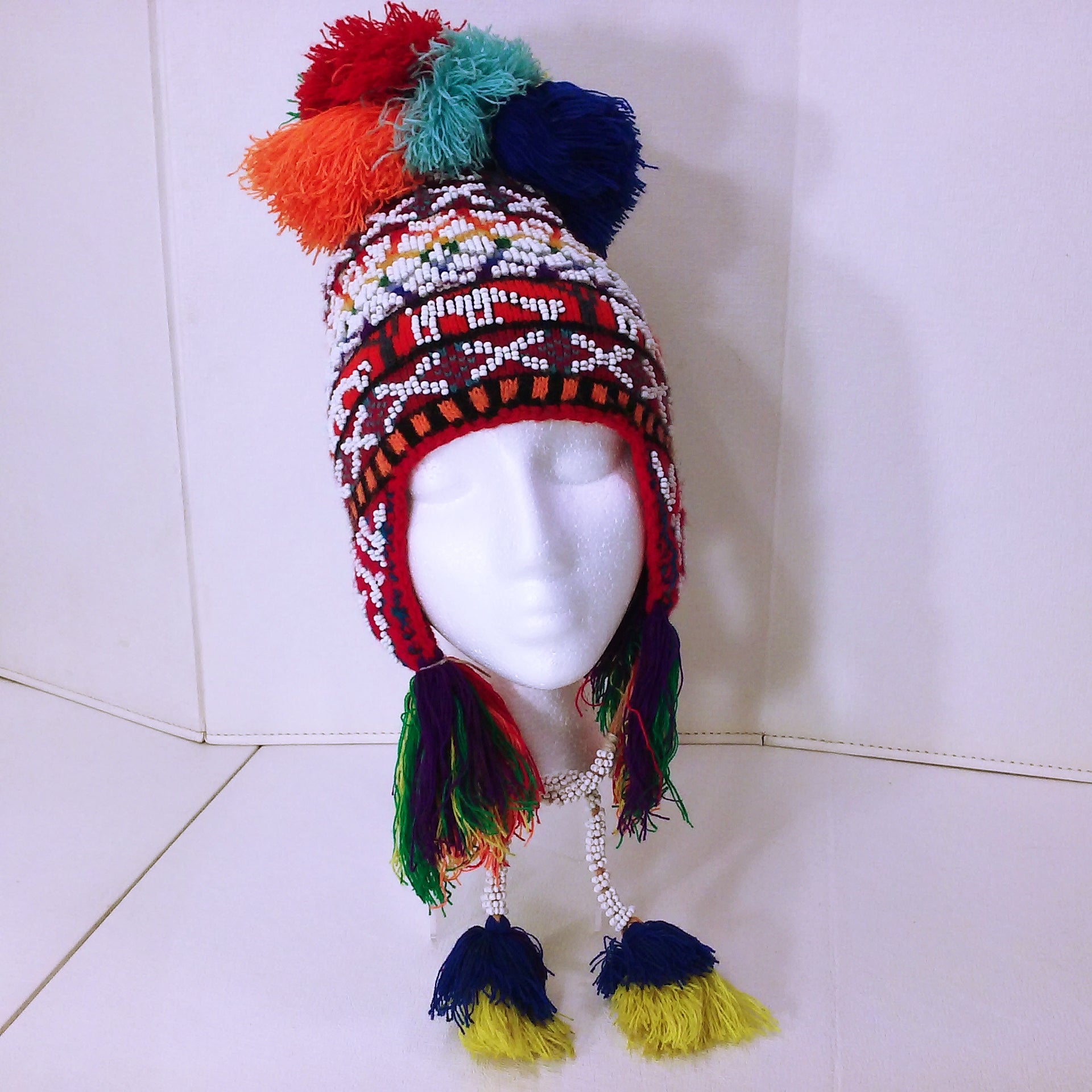 Vintage 70s/80s Bright Bold Andes Chullo Hat Pompoms Tassels Beads By ...