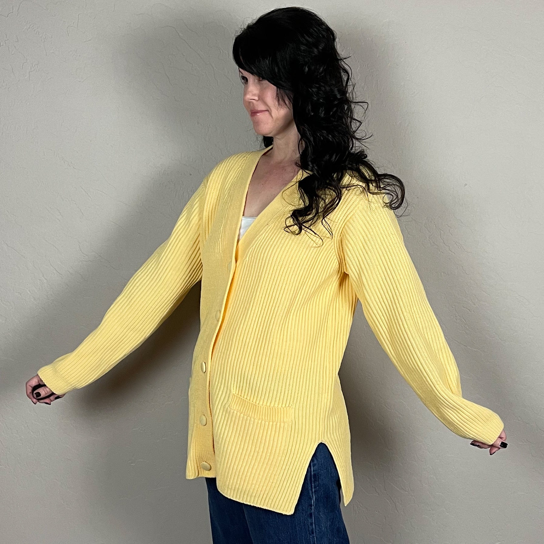 Vintage 90s Yellow Chunky Rib Knit Cardigan By Yarnworks | Shop THRILLING