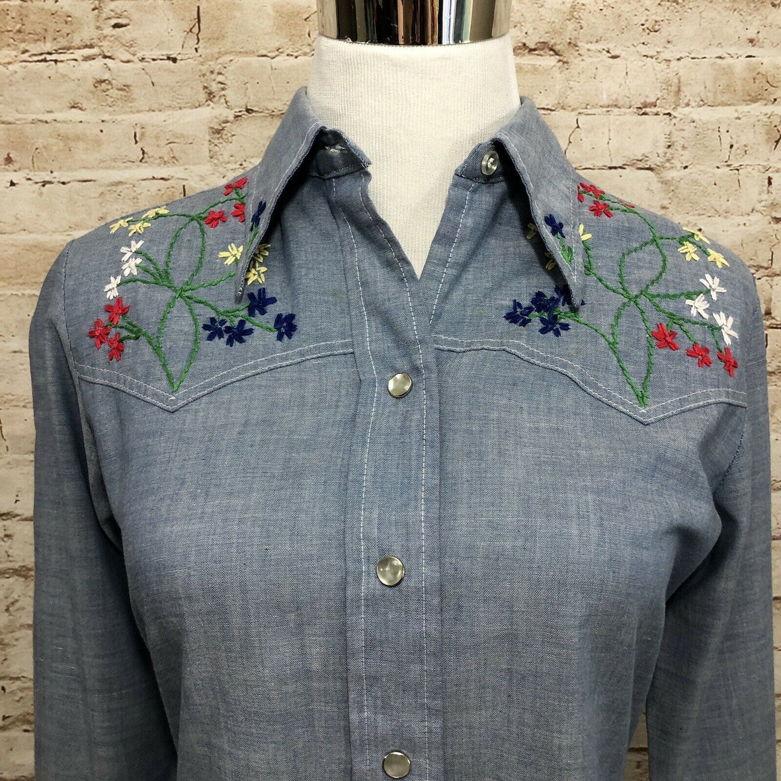 Vintage Chambray Embroidered Shirt Pearl Snaps Western by Wrangler ...