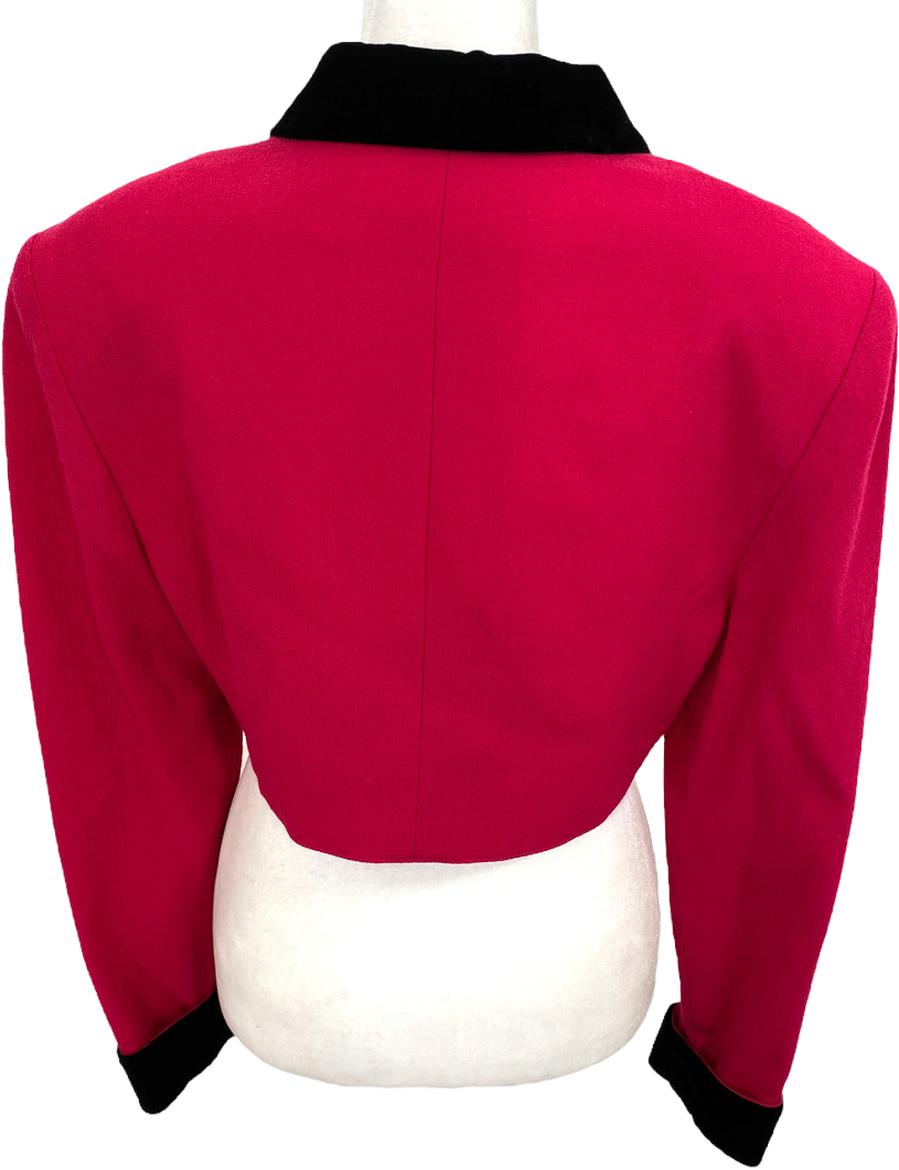 Vintage 80s/90s Hot Pink Black Velvet Cropped Bolero Jacket By Chetta B