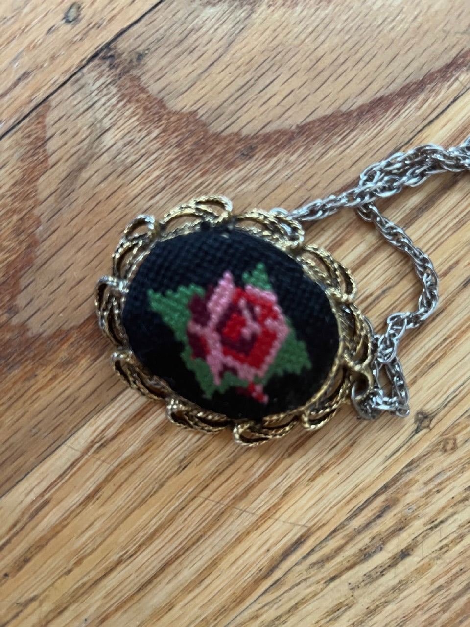 Vintage Cross-Stitched Rose Pendant On Long Silver Chain | Shop THRILLING