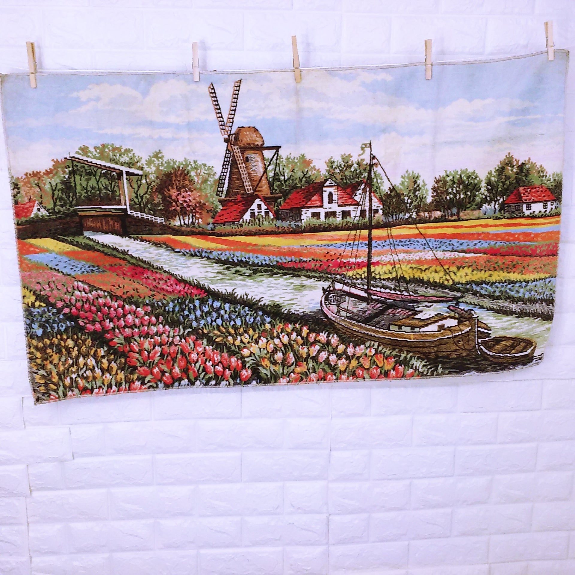 Vintage 50s/60s Tapestry Rug Wall Kitsch Decor Windmill Tulip Boat By ...