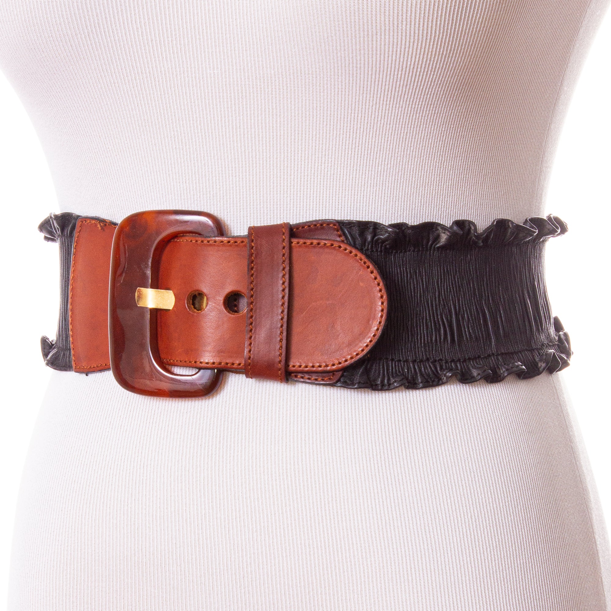 Vintage 80s Black Leather Ruffle Belt With Lucite Buckle | Shop THRILLING