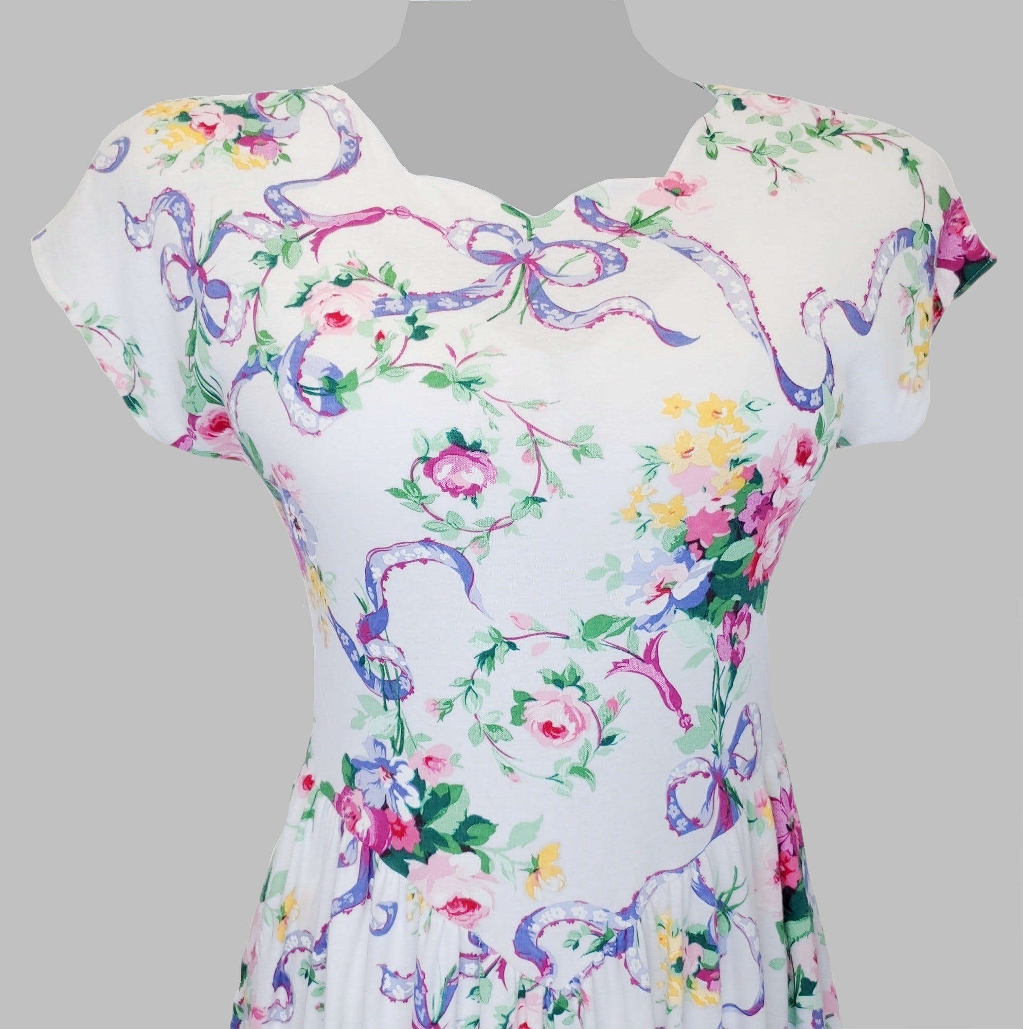 Vintage 80’s White Romantic Floral Jersey Midi Dress by Jessica Howard ...