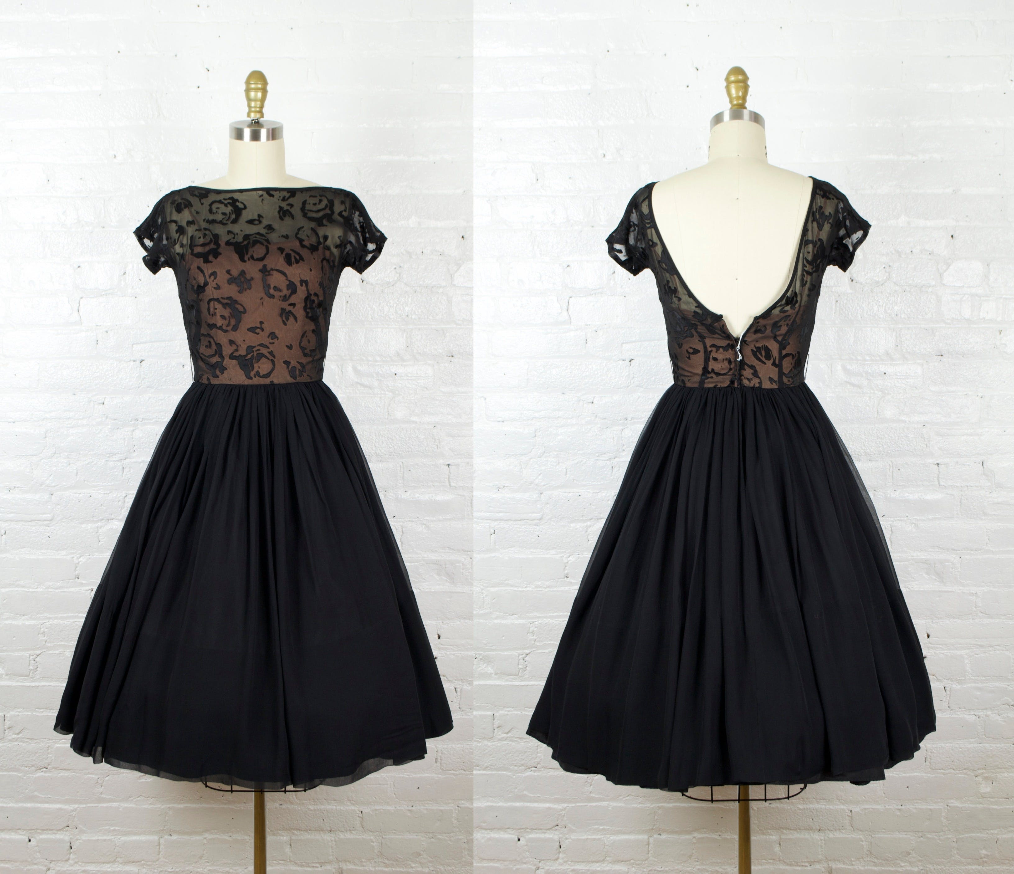 Vintage 50’s Black Slik Cocktail Chiffon Backless Dress by Saks Fifth ...