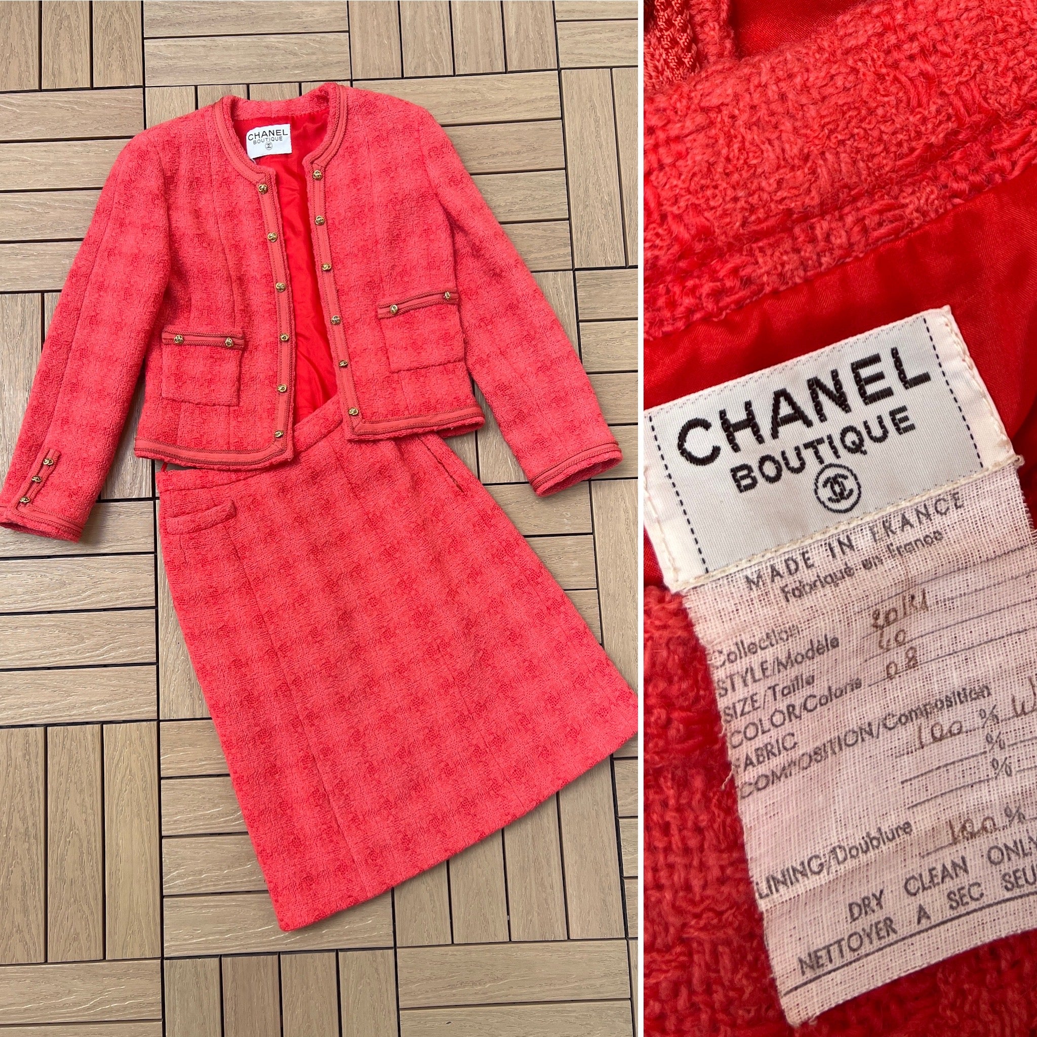 Vintage 90s Chanel Boutique Coral Red Wool Tweed Skirt Suit By