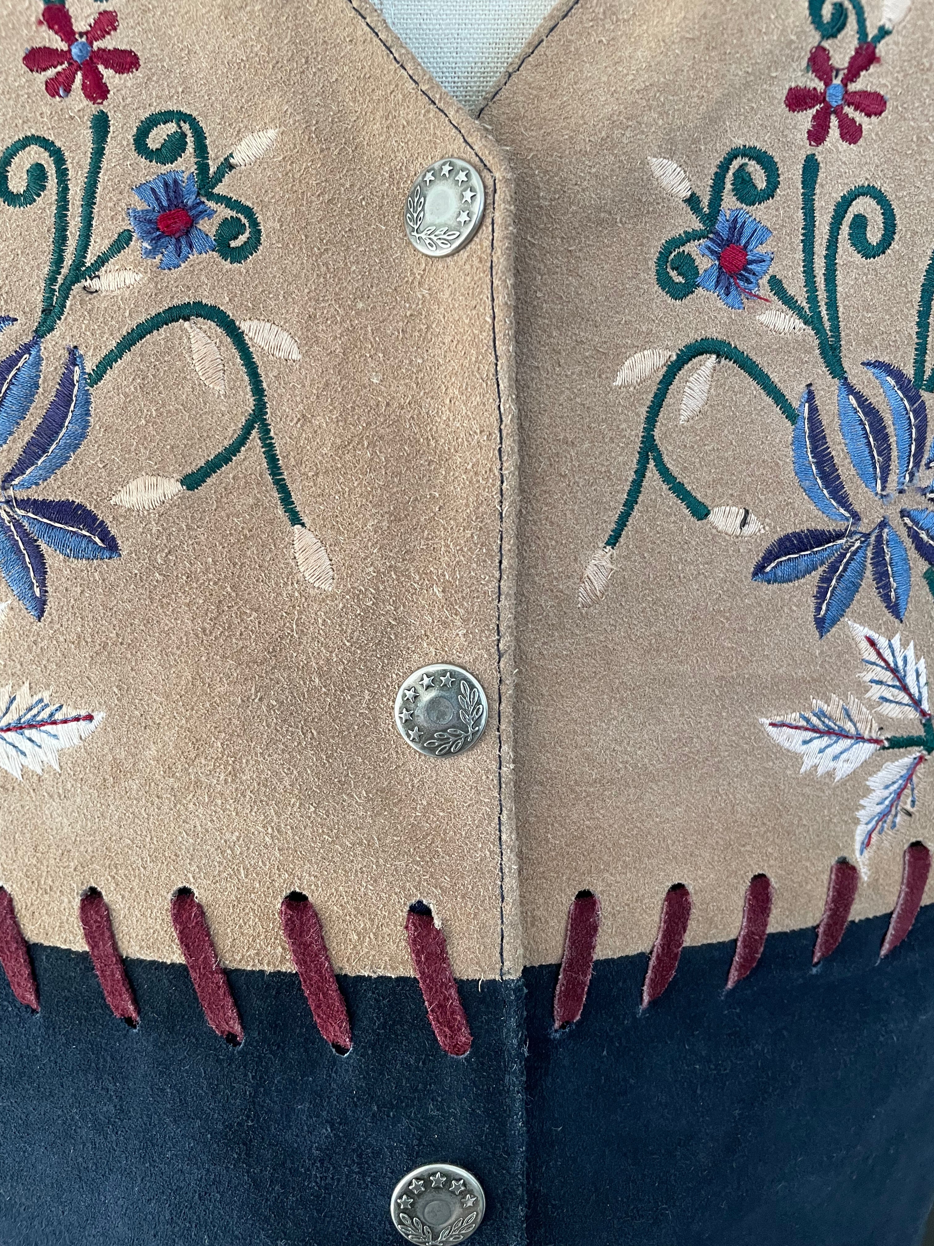Vintage 80s/90s Suede Colorblocked Vest With Floral Embroidery By Tan ...
