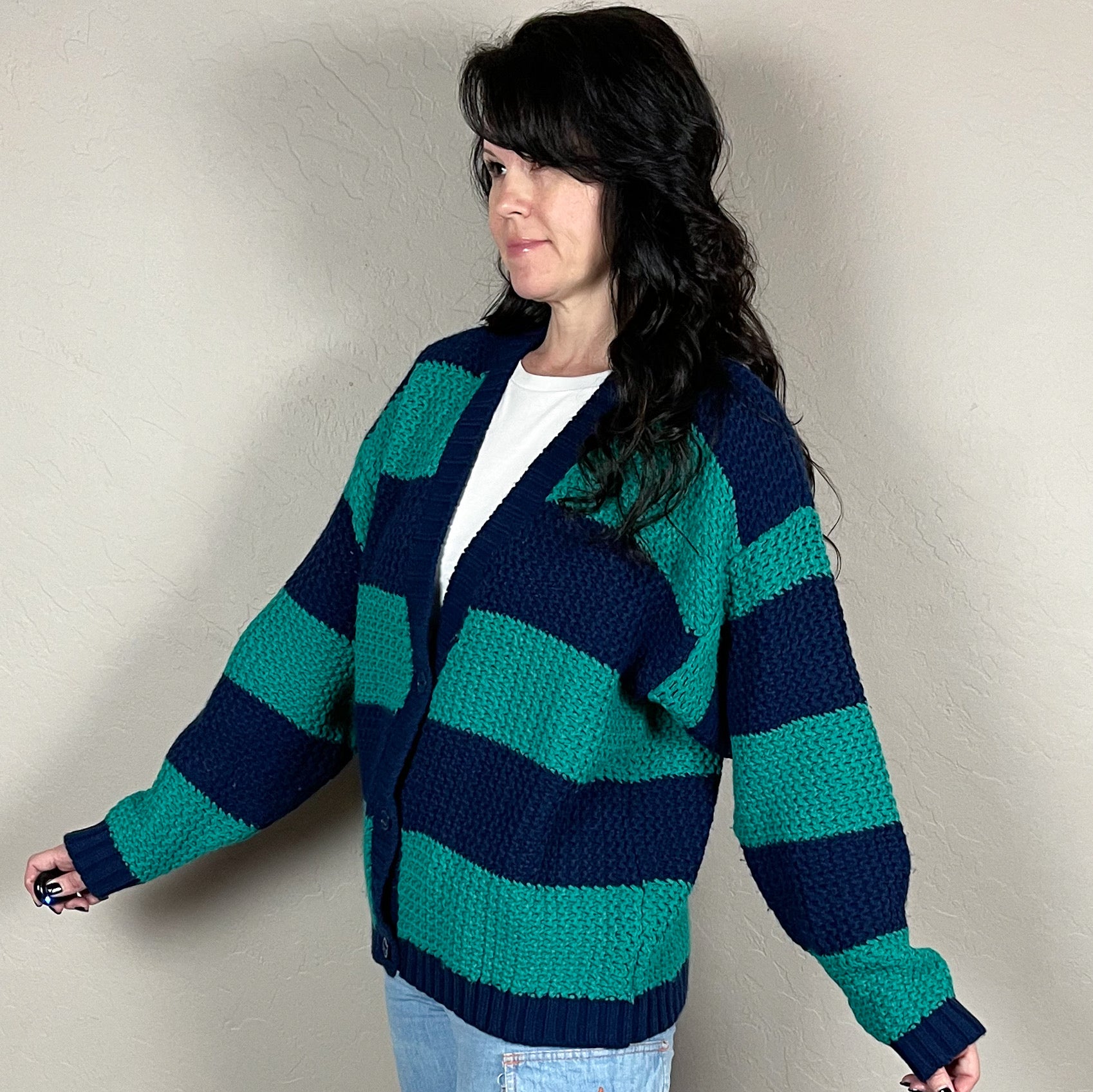 Vintage 80s Green And Navy Blue Stripe Chunky Cardigan By Mainframe ...