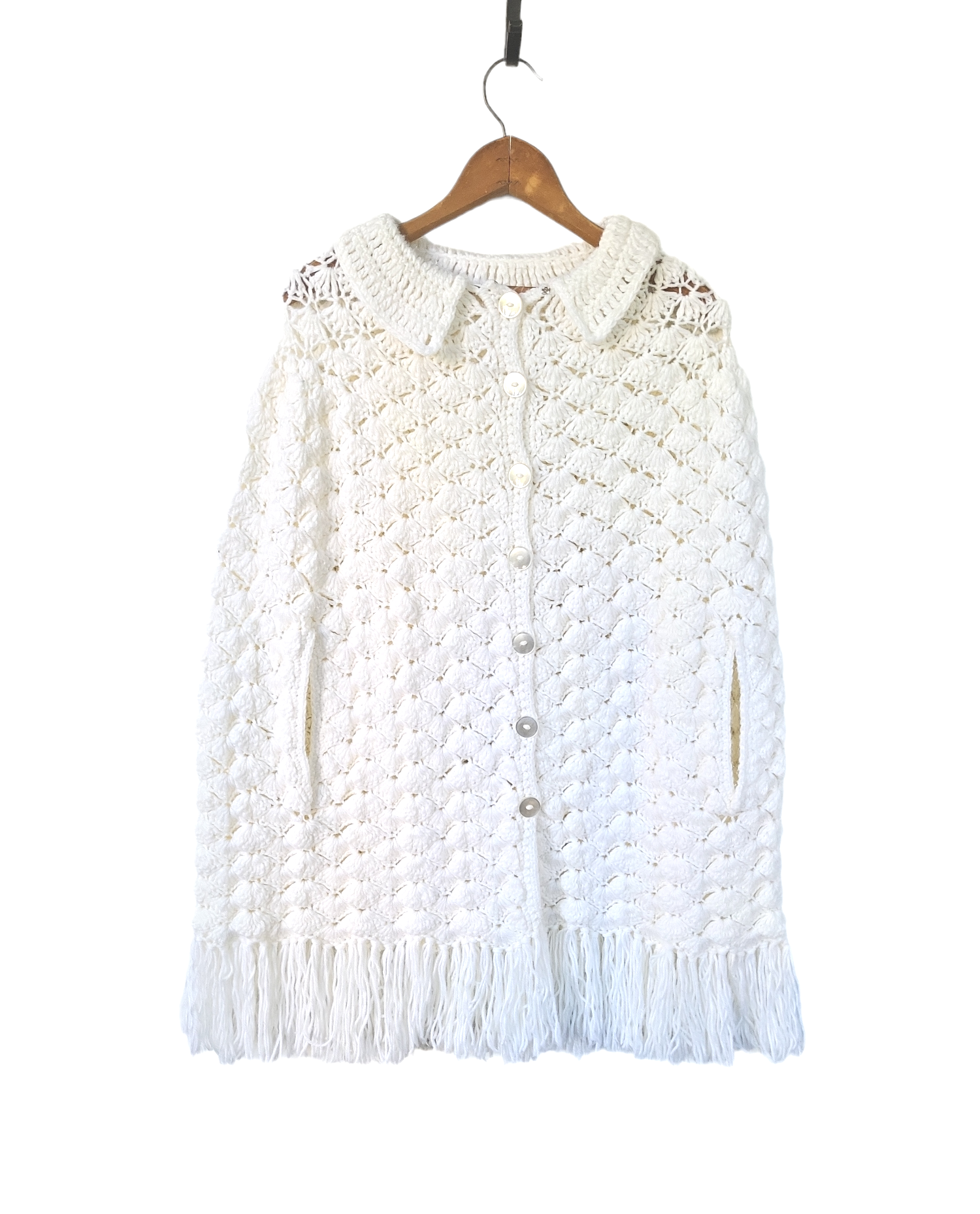 70s Vintage White Crocheted Button Front Fringe Cape | Shop THRILLING