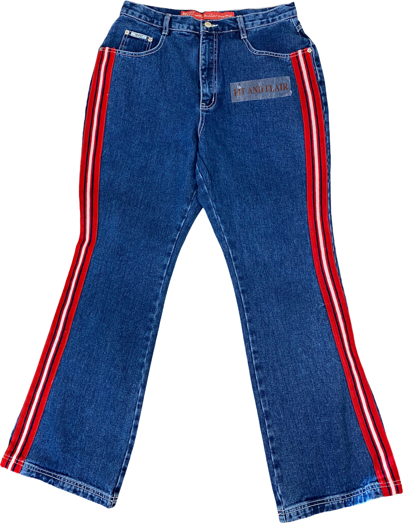Jeans with red 2025 stripe down the side